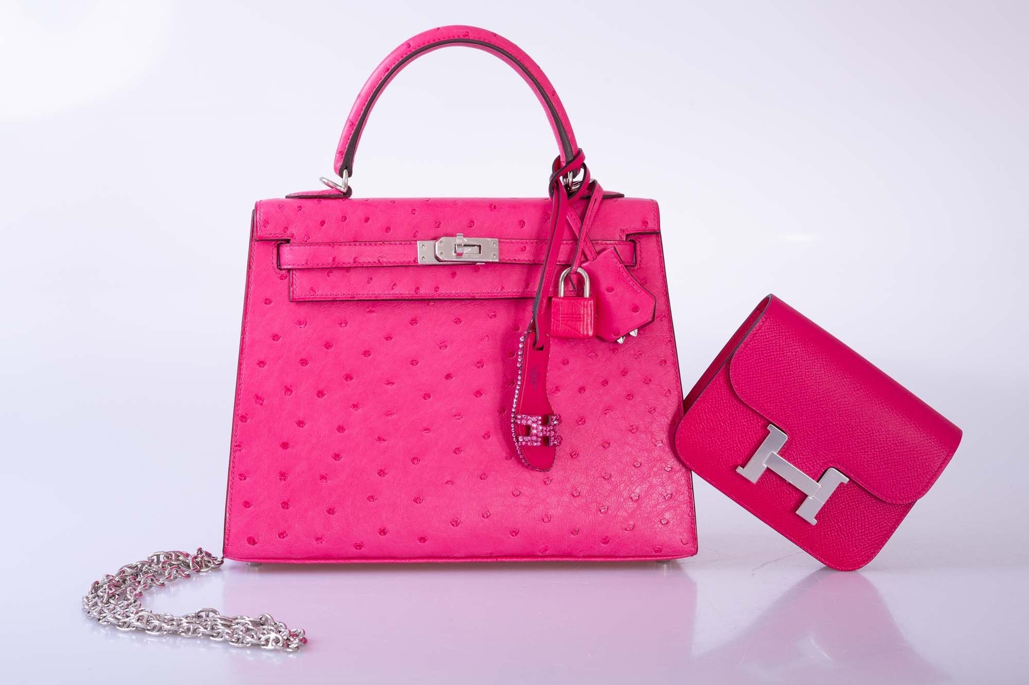 Hermès Kelly 25 Sellier Rose Tyrien Ostrich Palladium Hardware