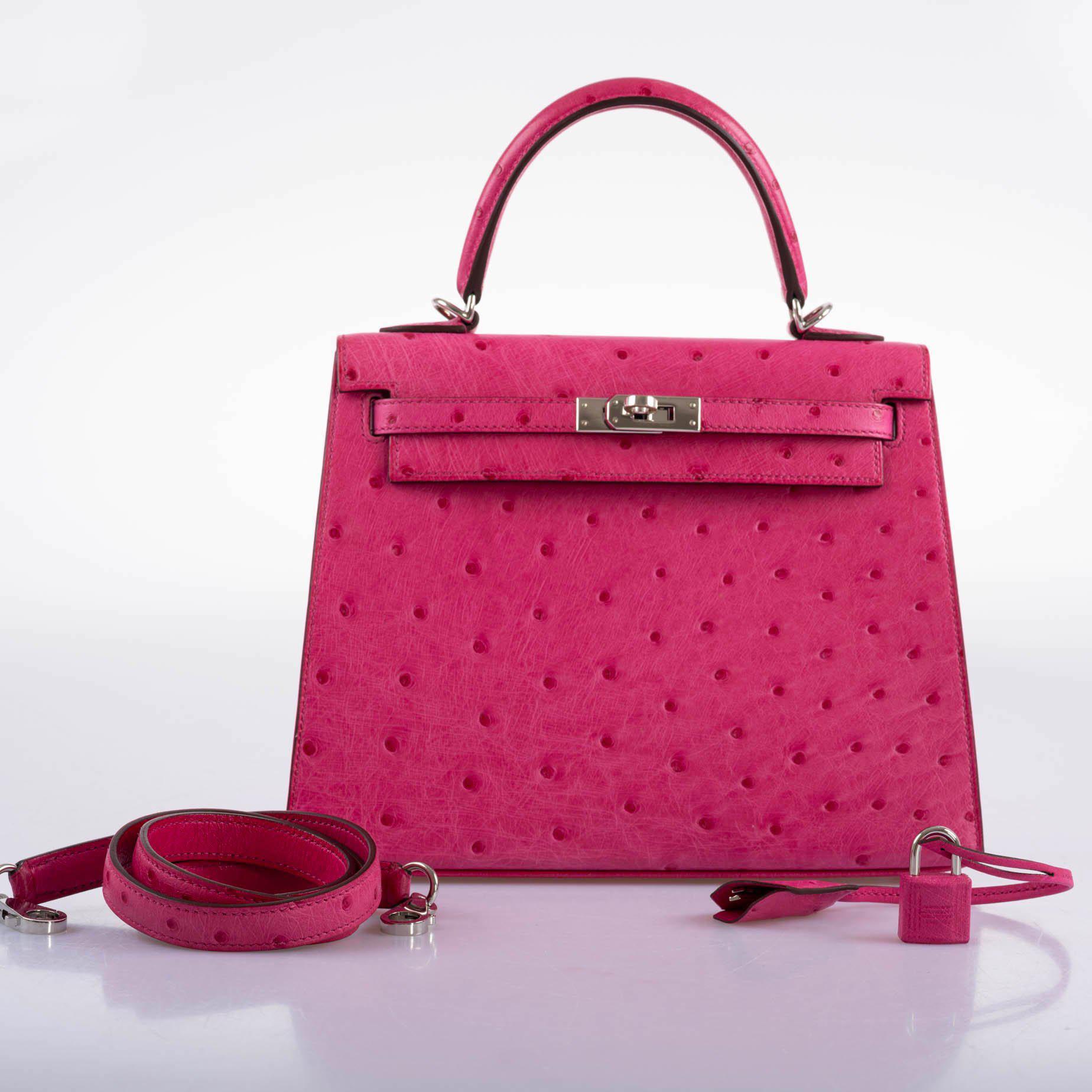 Hermès Kelly 25 Sellier Rose Tyrien Ostrich with Palladium Hardware