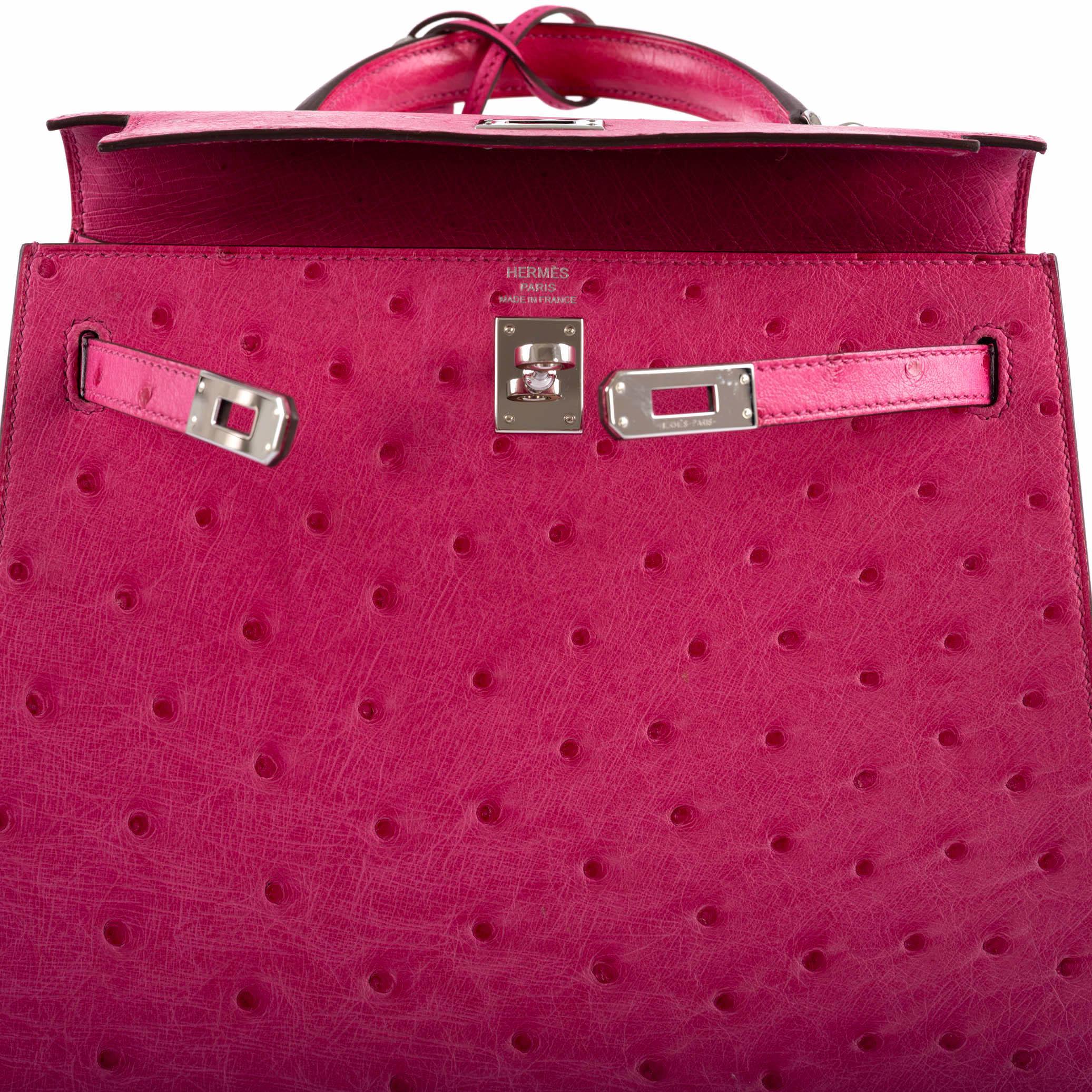 Hermès Kelly 25 Sellier Rose Tyrien Ostrich with Palladium Hardware