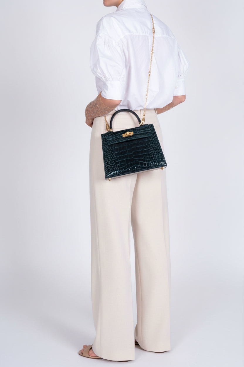 Hermès Kelly 25 Sellier Vert Cypress Alligator Gold Hardware