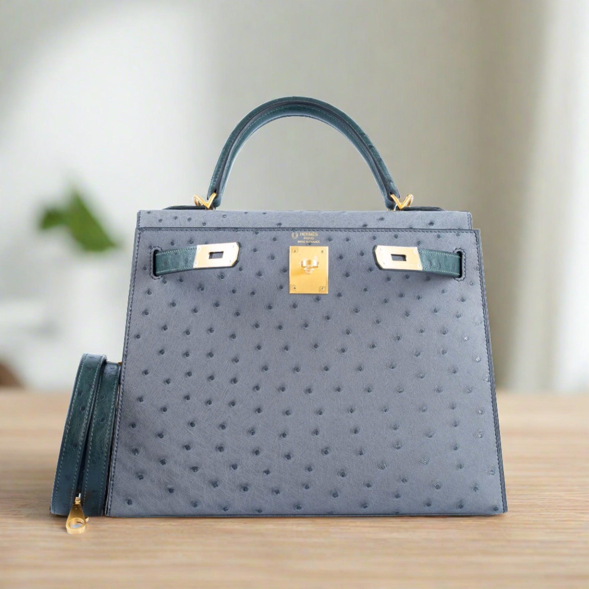 Hermès Kelly 28 HSS Sellier Gris Agate and Vert Titien Ostrich Brushed Gold Hardware