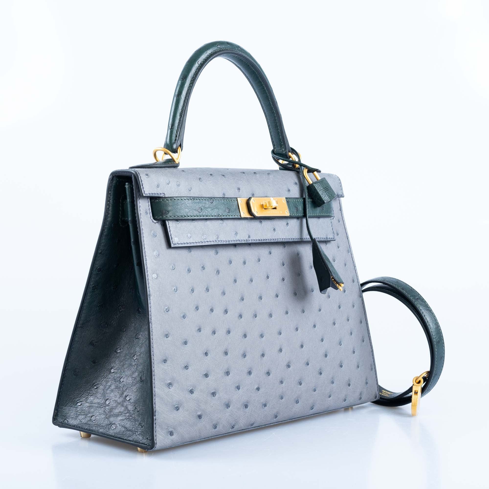 Hermès Kelly 28 HSS Sellier Gris Agate and Vert Titien Ostrich Brushed Gold Hardware