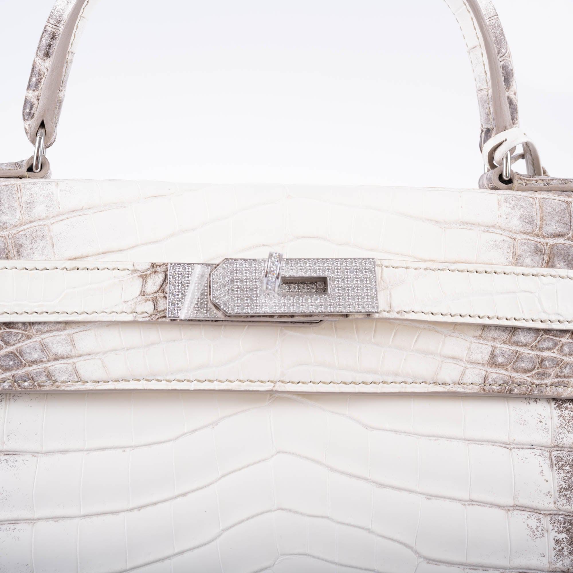 Hermès Kelly 28 Retourné Diamond Himalaya Matte Niloticus Crocodile 18K White Gold Diamond Hardware