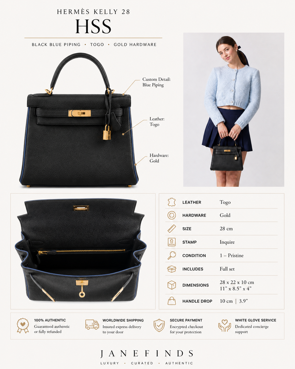 Hermès Kelly 28 Retourne HSS Noir Togo with Blue Piping Gold Hardware
