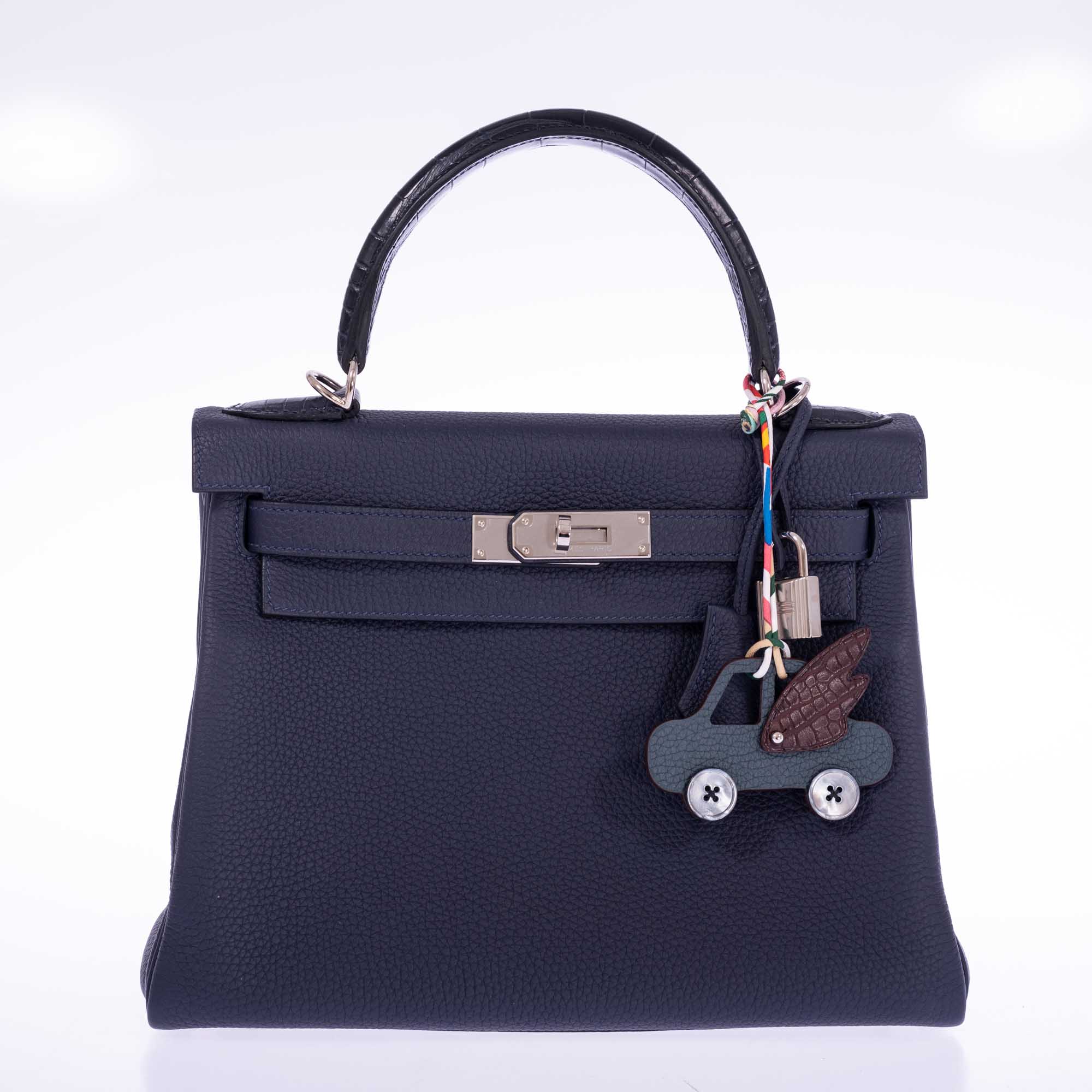 Hermès Kelly 28 Retourne Touch Bleu Nuit Togo and Bleu Marine Alligator Palladium Hardware