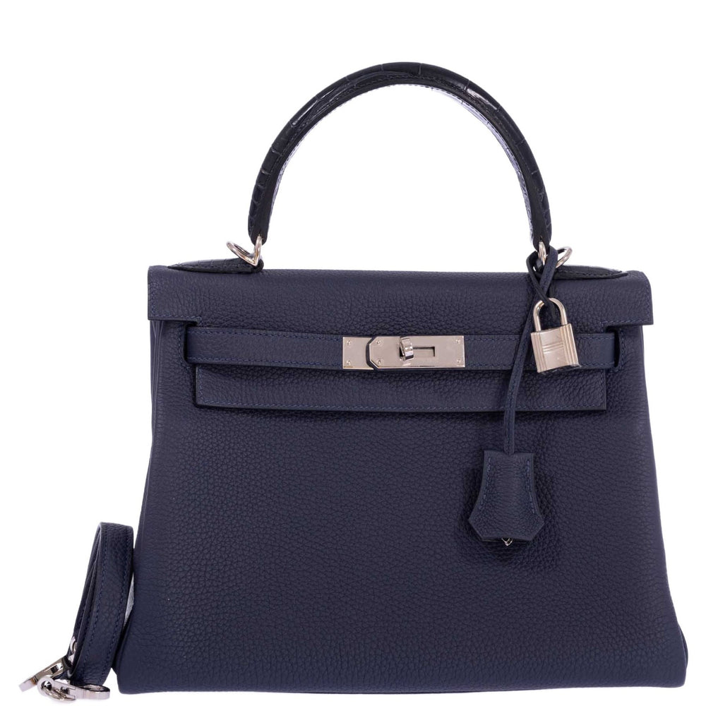 Hermès Kelly 28 Retourne Touch Bleu Nuit Togo and Bleu Marine Alligator Palladium Hardware