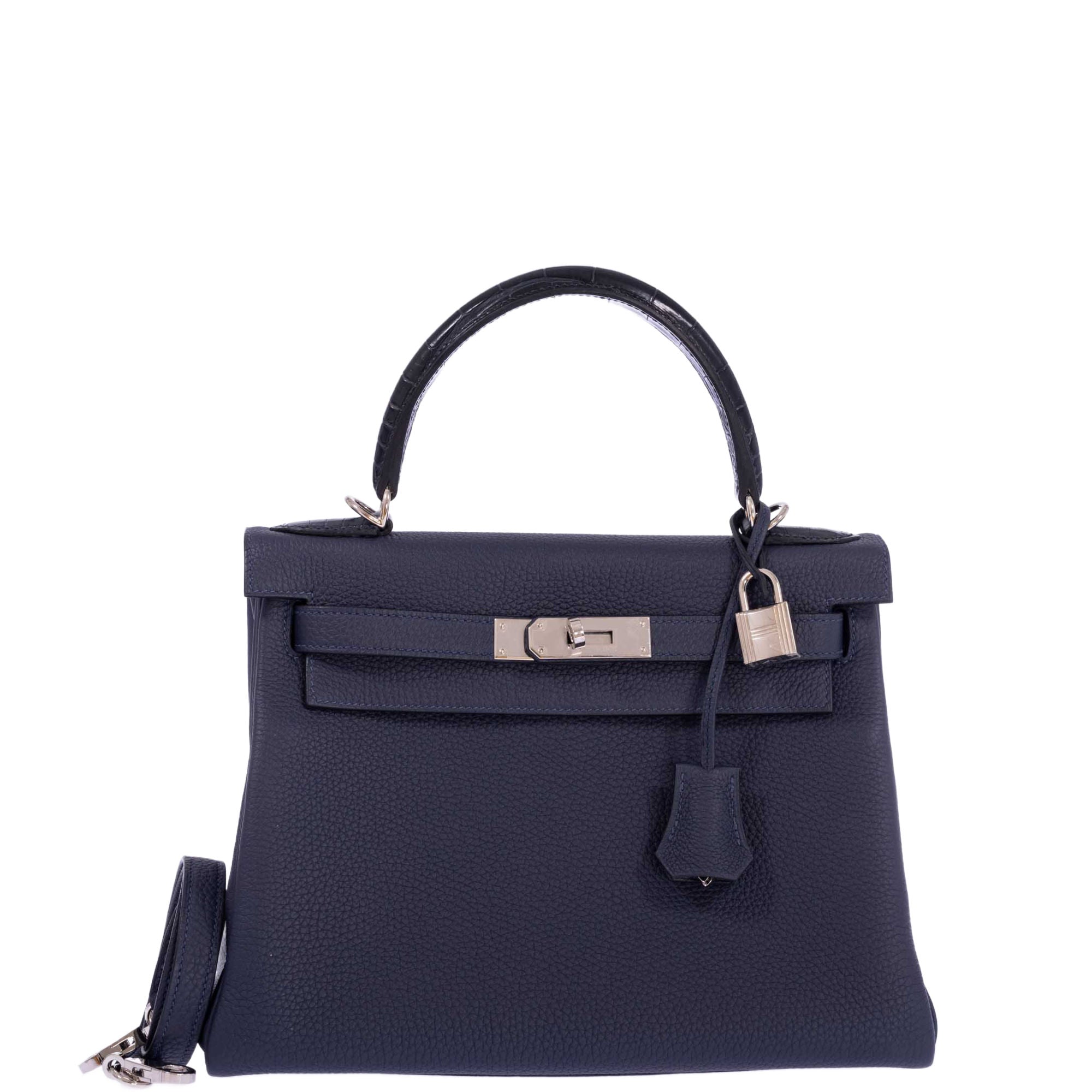 Hermès Kelly 28 Retourne Touch Bleu Nuit Togo and Bleu Marine Alligator Palladium Hardware