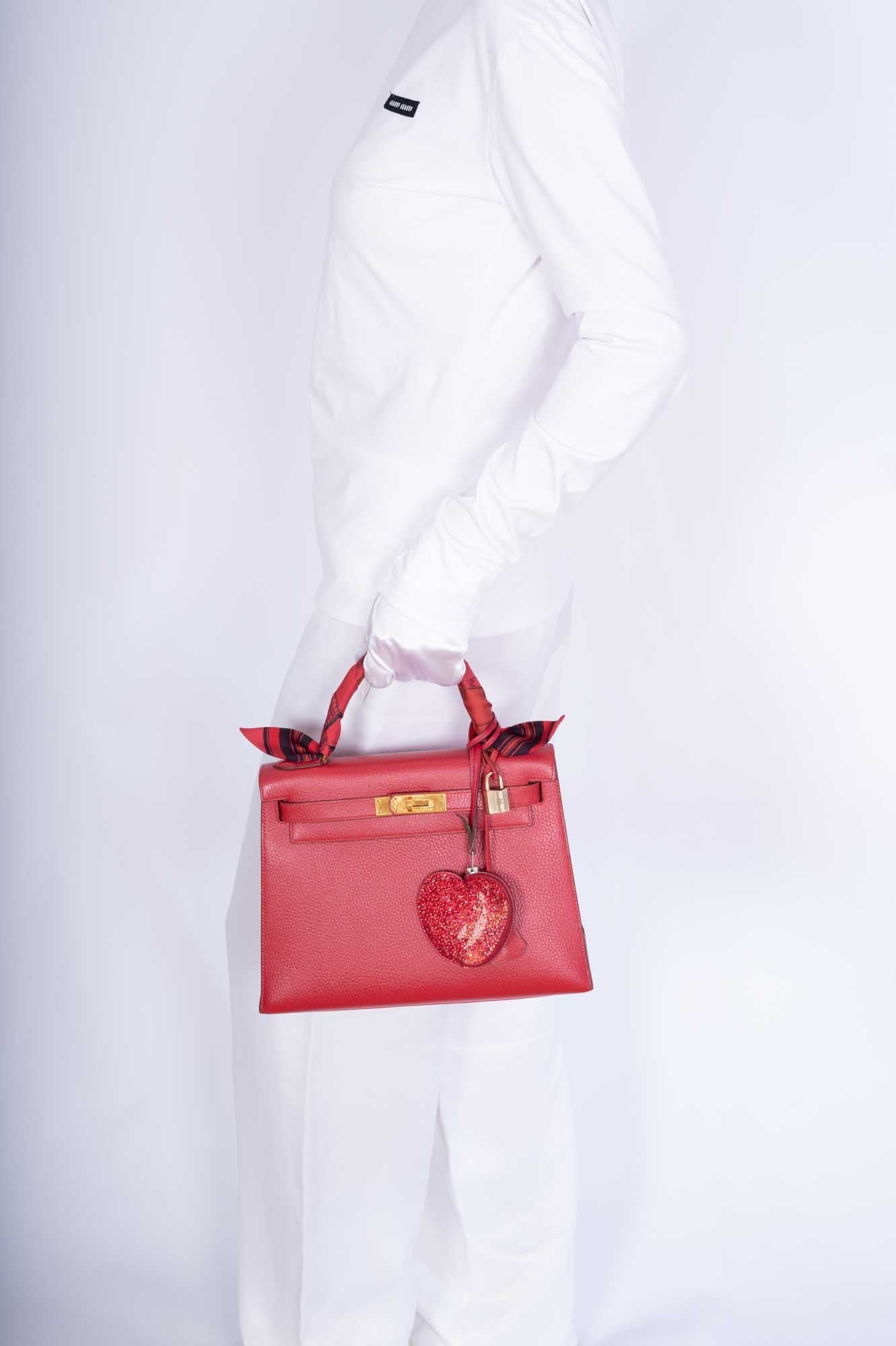 Hermès Kelly 28 Rouge Vif Ardenne with Gold Hardware