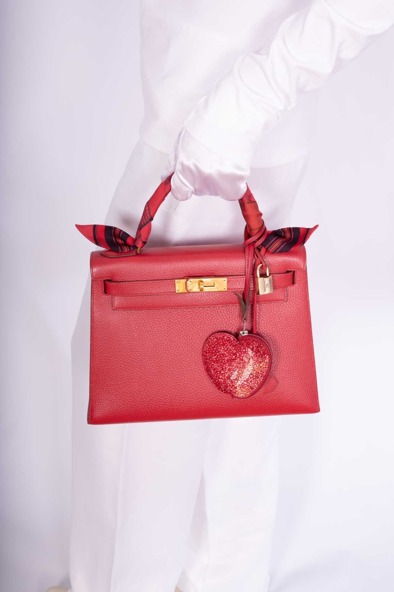 Hermès Kelly 28 Rouge Vif Ardenne with Gold Hardware