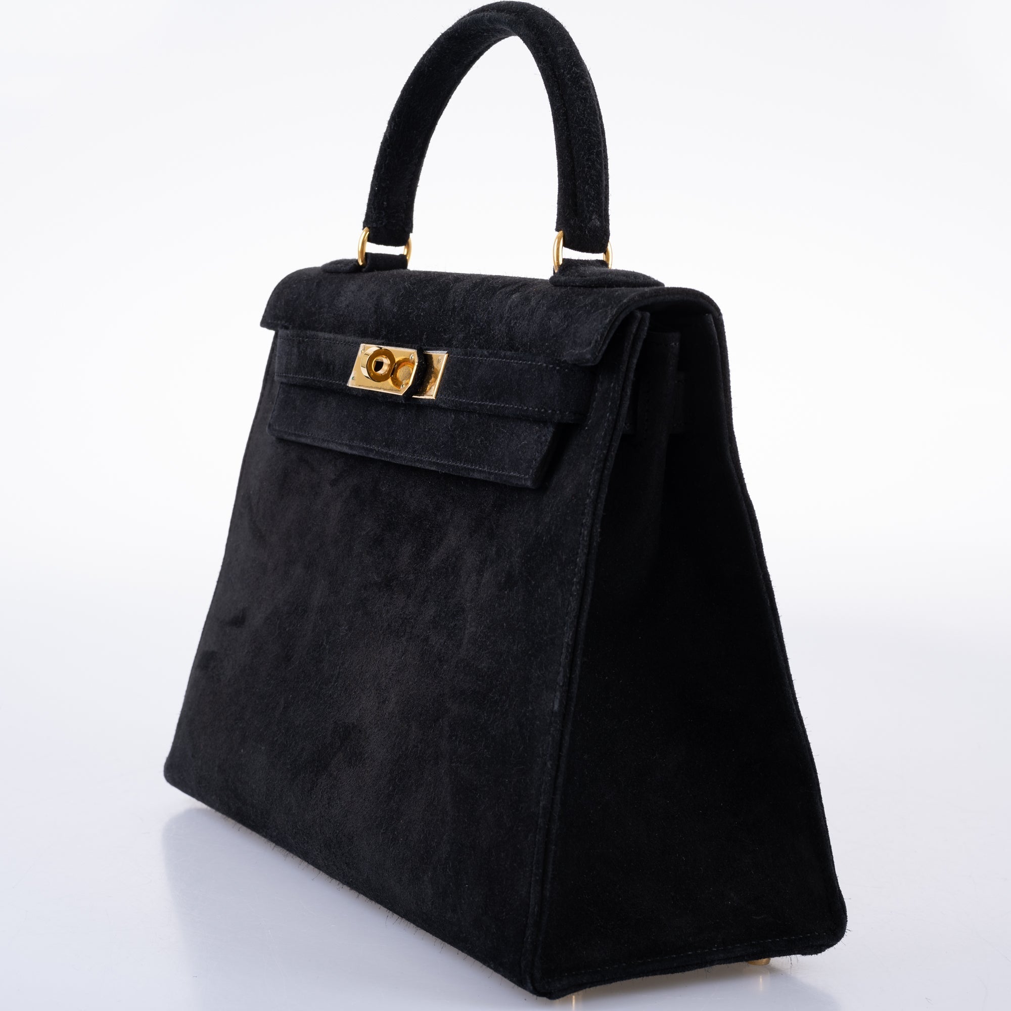 Hermès Kelly 28 Sellier Black Doblis Suede Gold Hardware