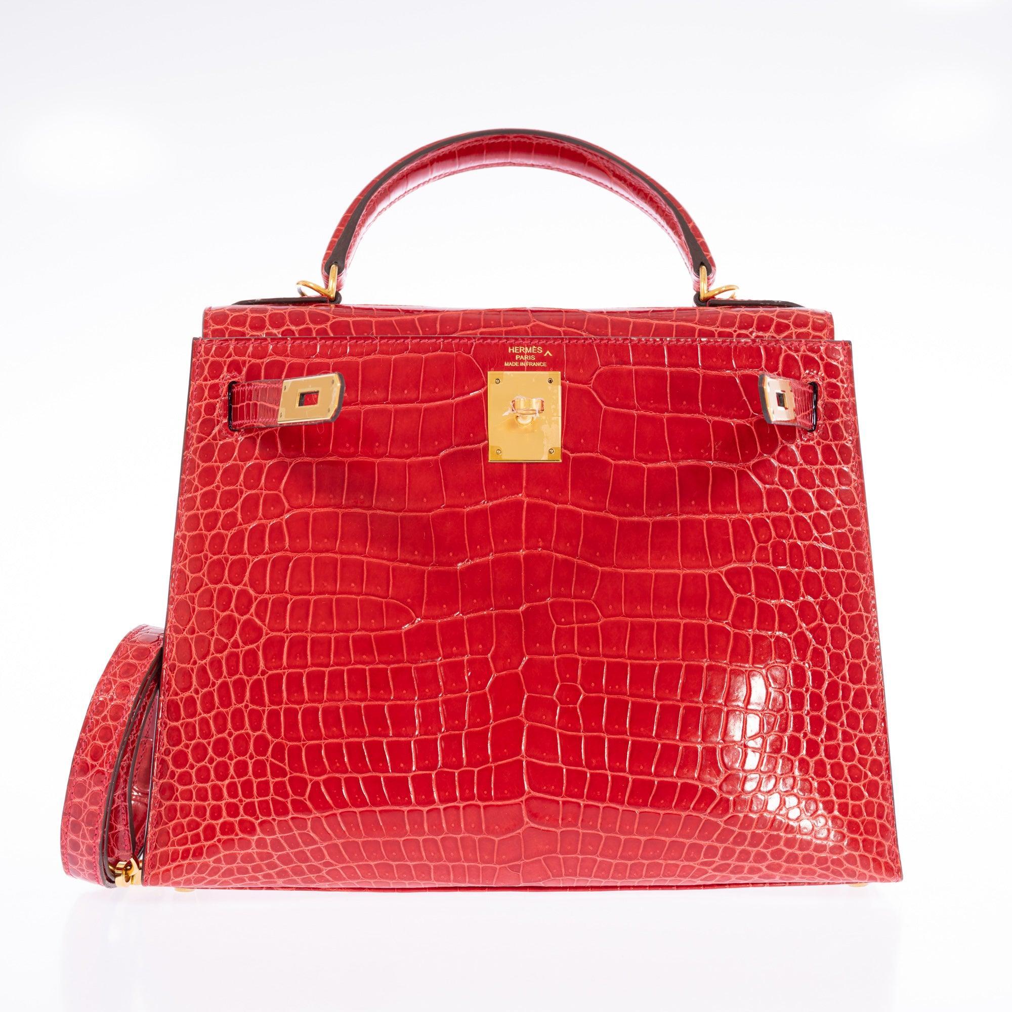 Hermès Kelly 28 Sellier Braise Shiny Porosus Crocodile Gold Hardware