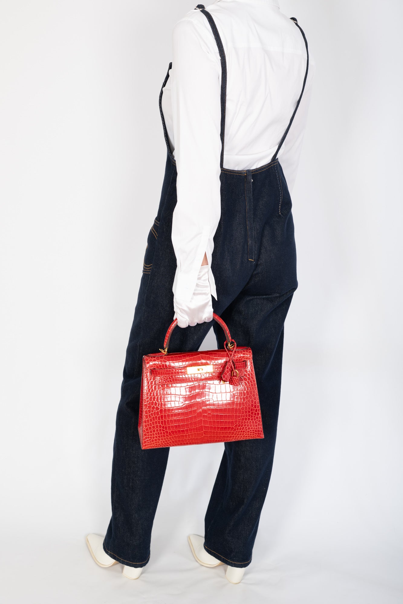 Hermès Kelly 28 Sellier Braise Shiny Porosus Crocodile Gold