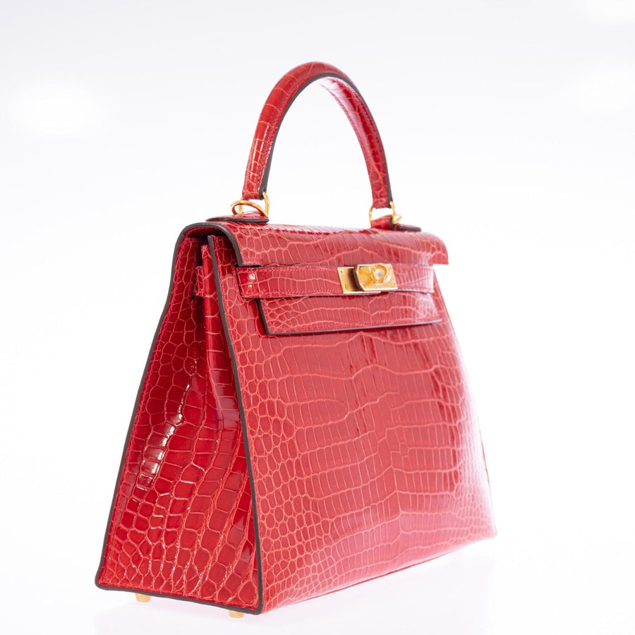 Hermès Kelly 28 Sellier Braise Shiny Porosus Crocodile Gold Hardware