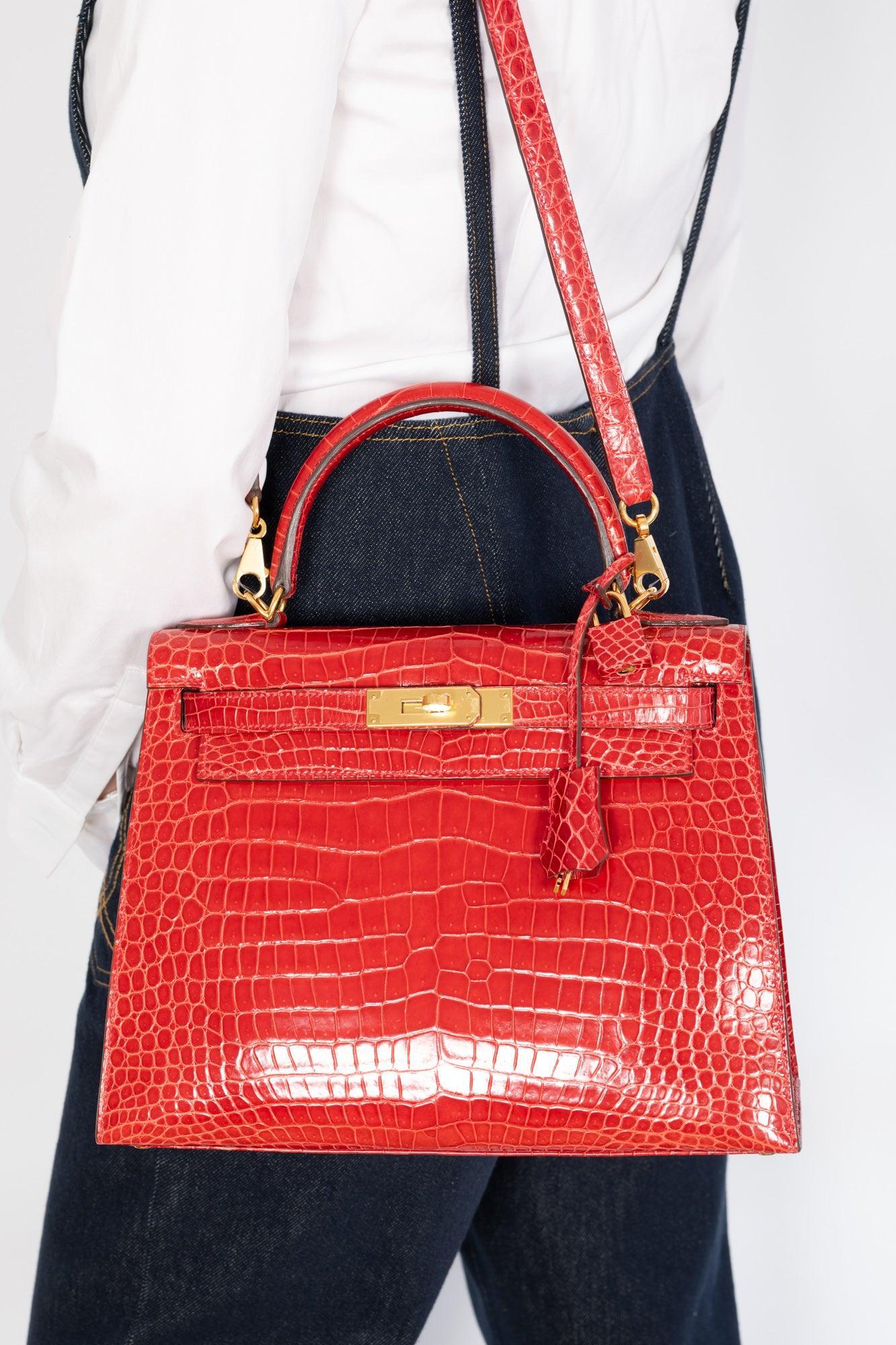 Hermès Kelly 28 Sellier Braise Shiny Porosus Crocodile Gold Hardware