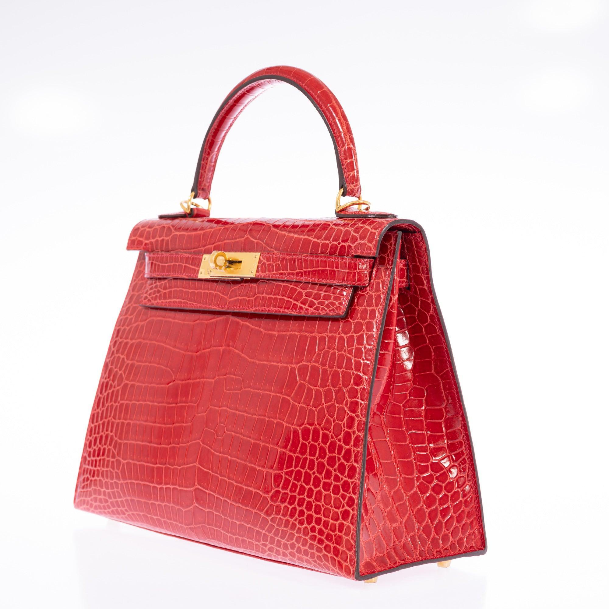 Hermès Kelly 28 Sellier Braise Shiny Porosus Crocodile Gold Hardware