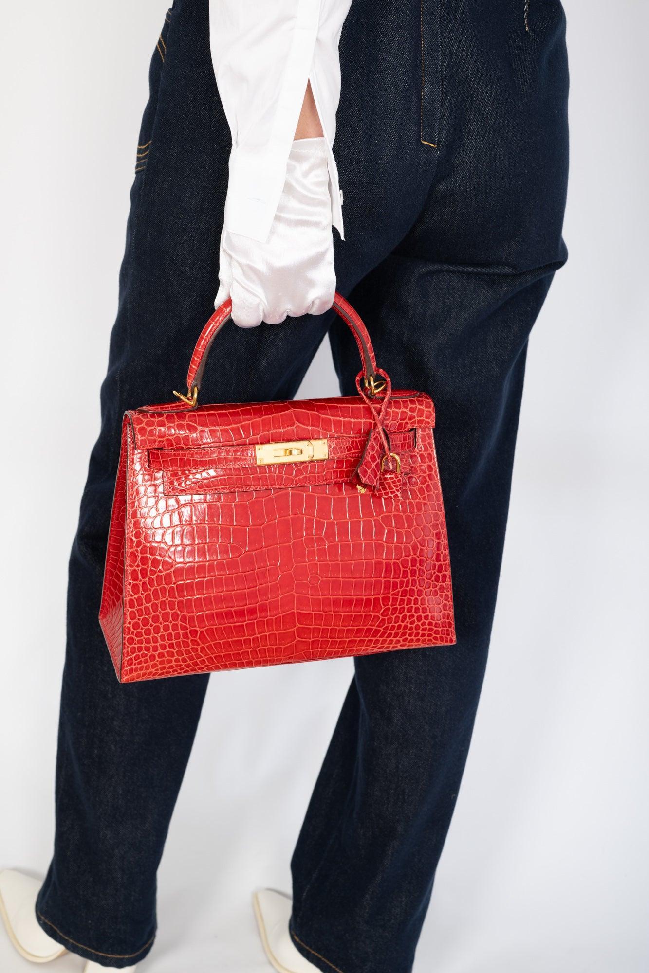 Hermès Kelly 28 Sellier Braise Shiny Porosus Crocodile Gold Hardware