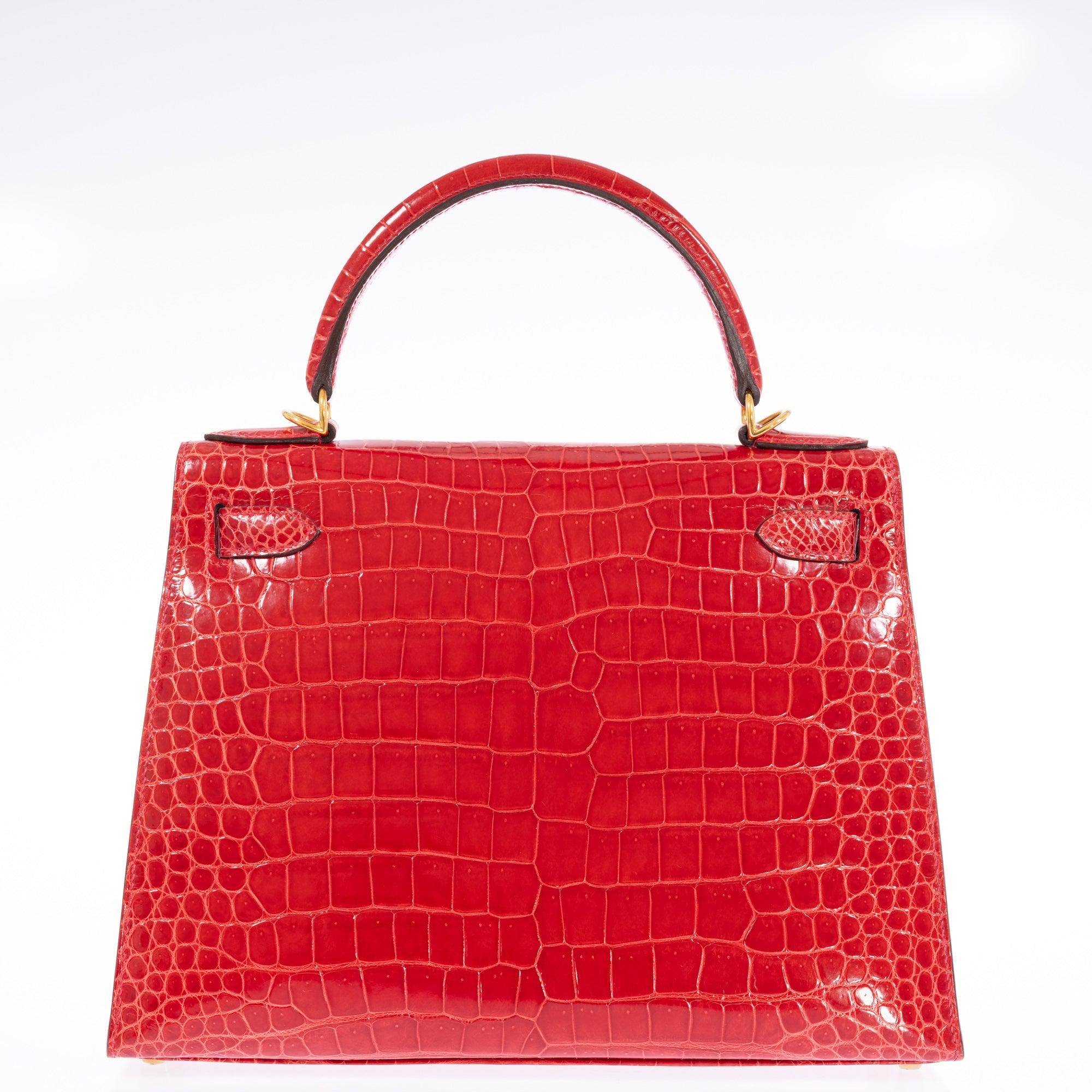 Hermès Kelly 28 Sellier Braise Shiny Porosus Crocodile Gold Hardware