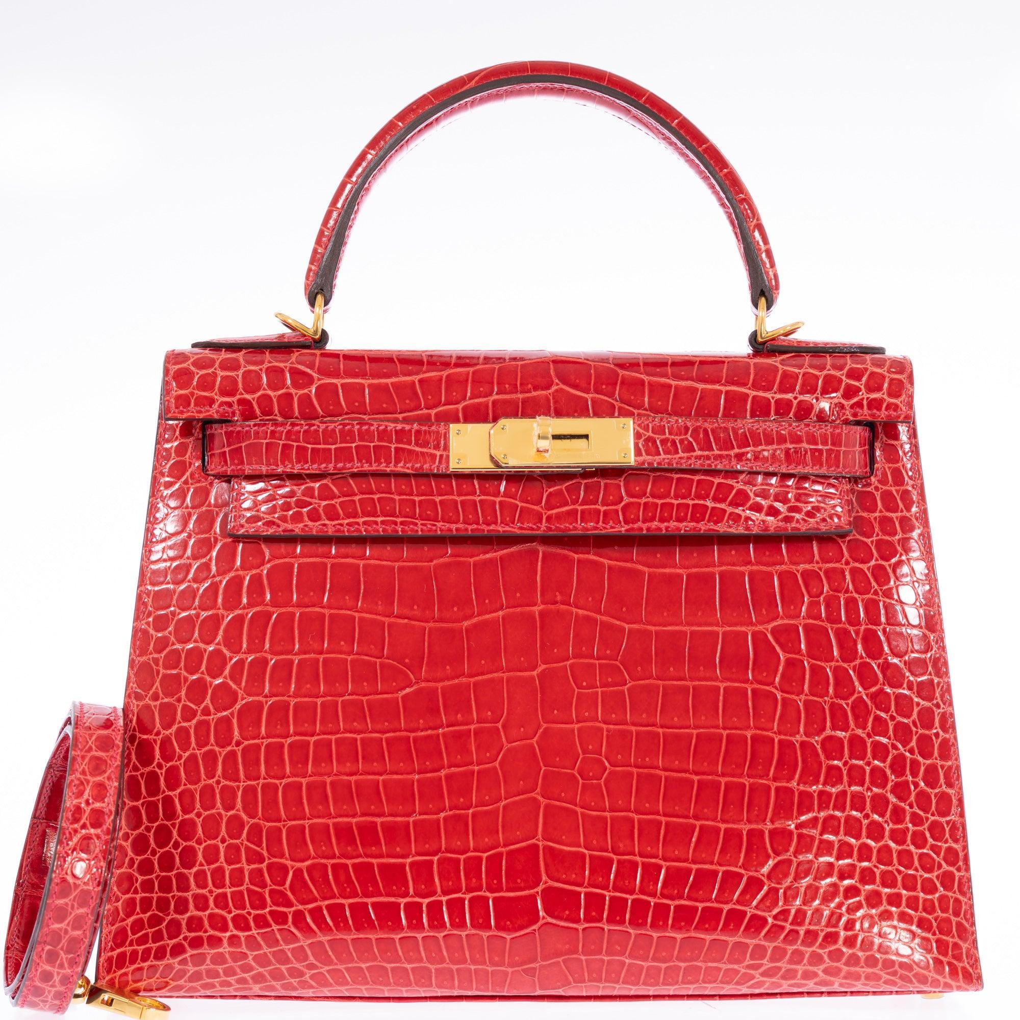 Hermès Kelly 28 Sellier Braise Shiny Porosus Crocodile Gold Hardware