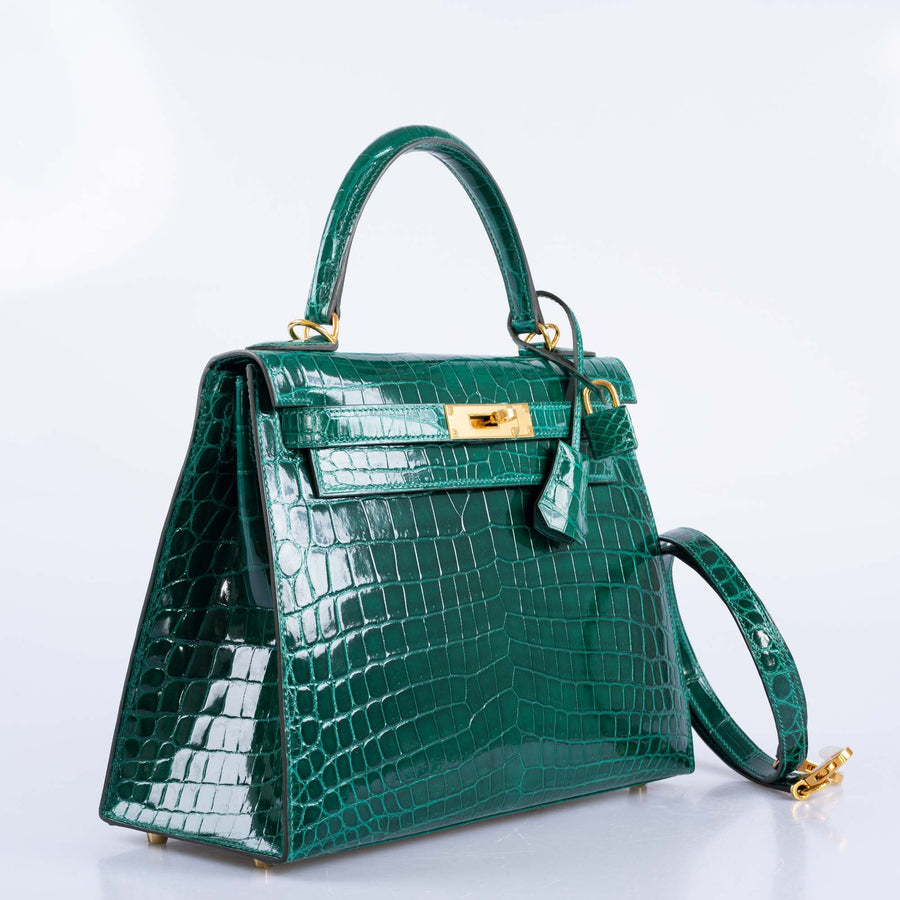 Hermès Kelly 28 Sellier Emerald Shiny Nilo Crocodile Gold Hardware