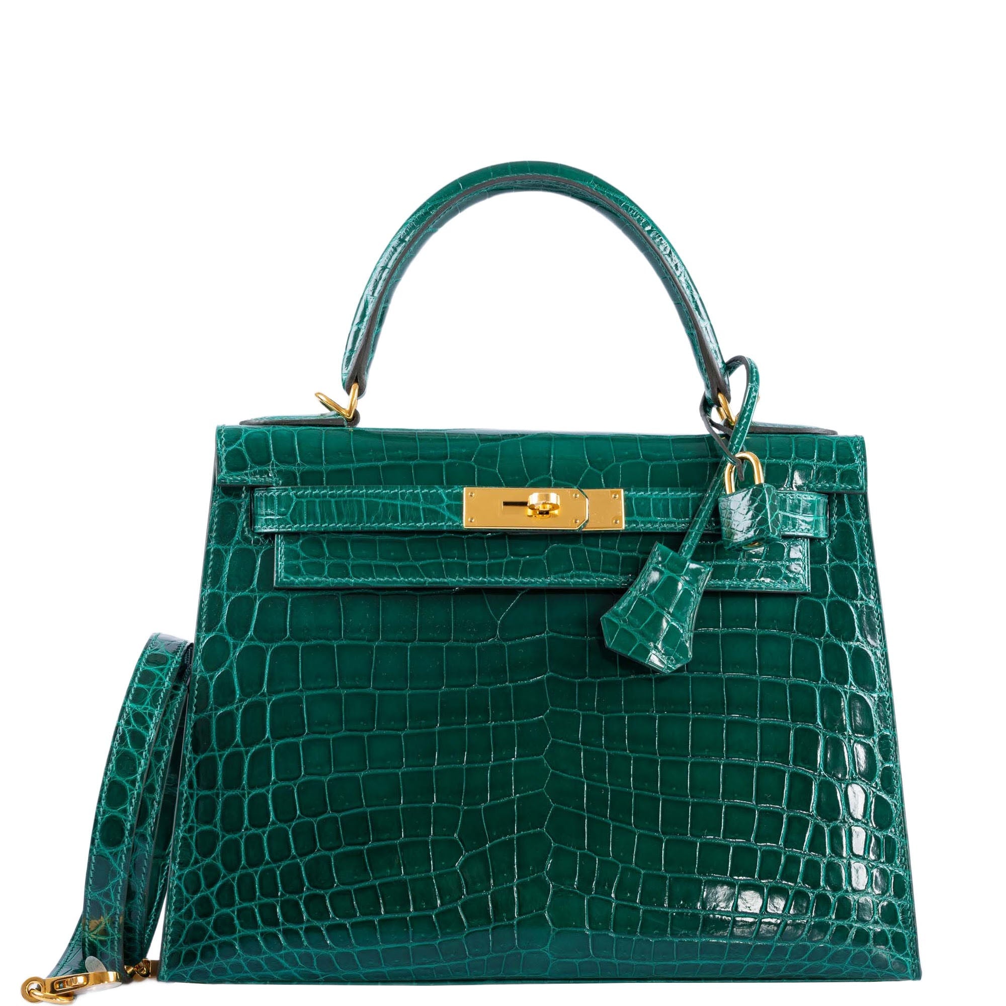 Hermès Kelly 28 Sellier Emerald Shiny Nilo Crocodile Gold Hardware