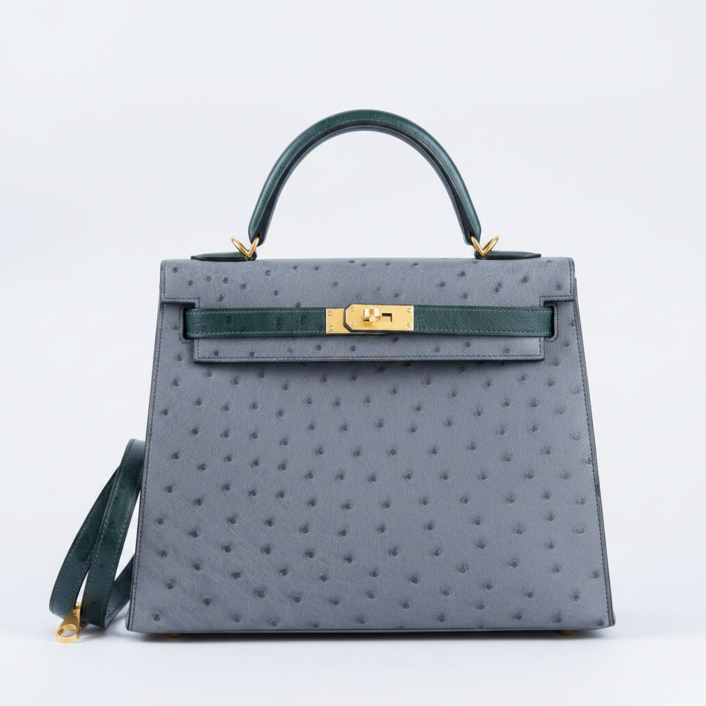 Hermès Kelly 28 Sellier HSS Gris Agate/Vert Titien Ostrich Brushed Gold Hardware