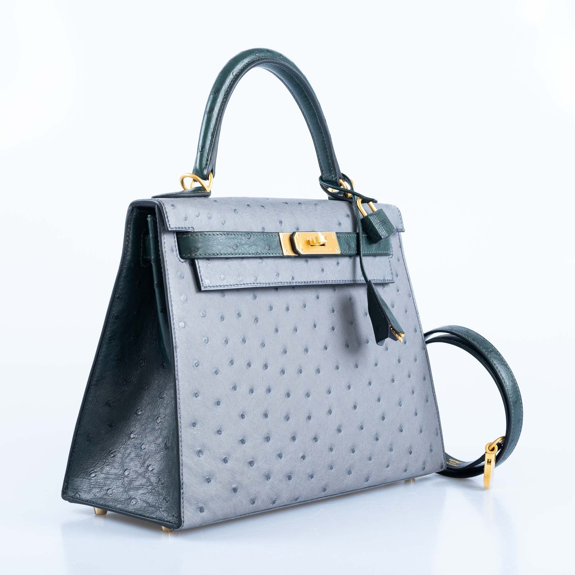 Hermès Kelly 28 Sellier HSS Gris Agate/Vert Titien Ostrich Brushed Gold Hardware