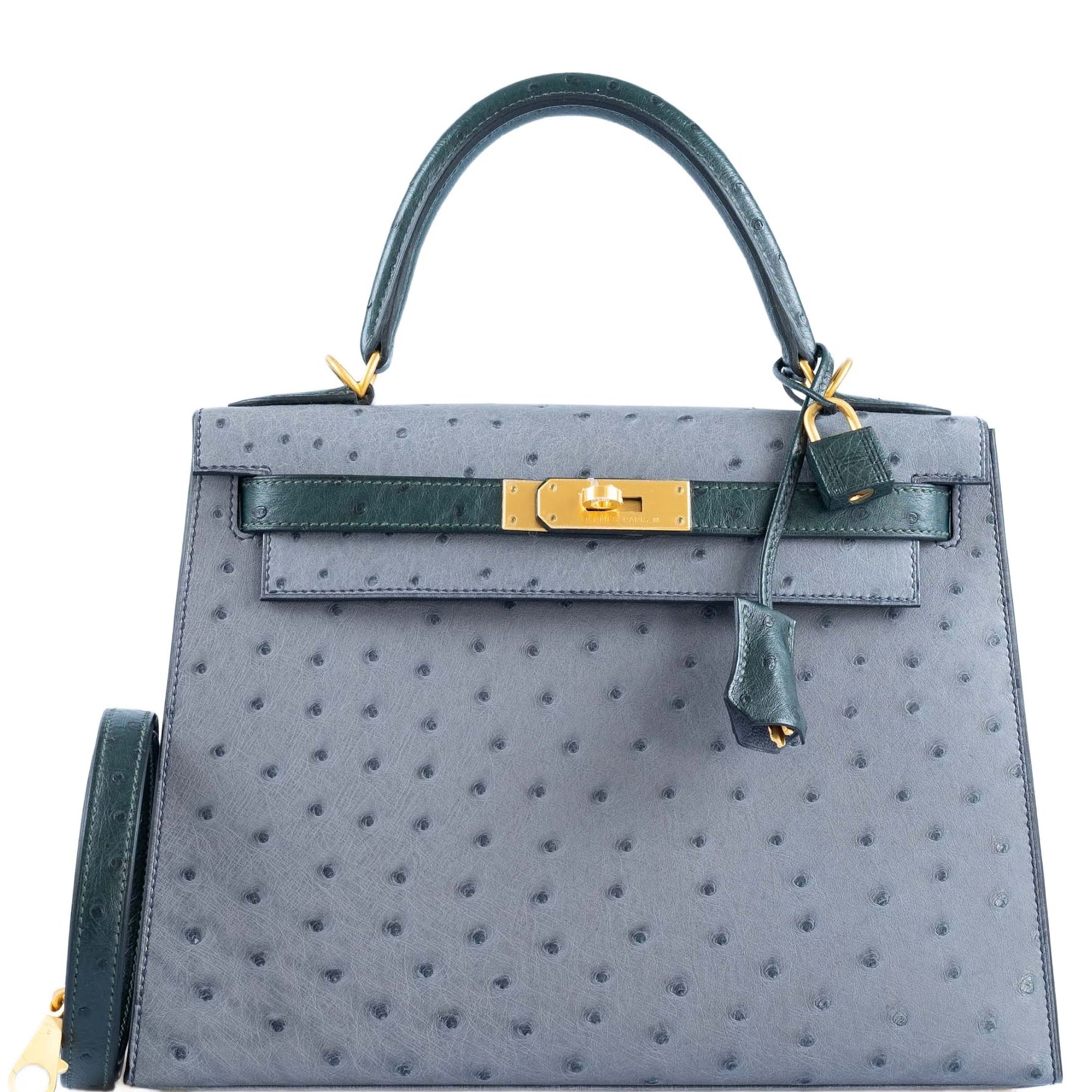 Hermès Kelly 28 Sellier HSS Gris Agate/Vert Titien Ostrich Brushed Gold Hardware