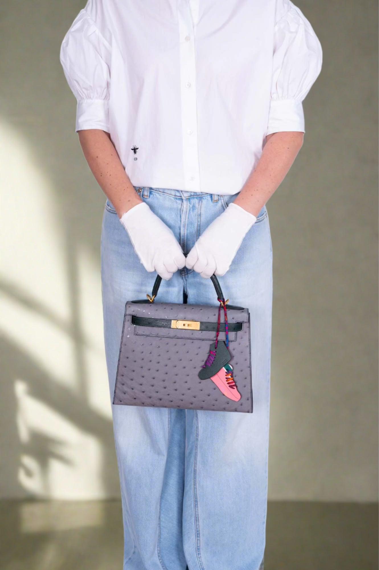 Hermès Kelly 28 Sellier HSS Special Order Gris Agate & Vert Titien Ostrich Brushed Gold Hardware