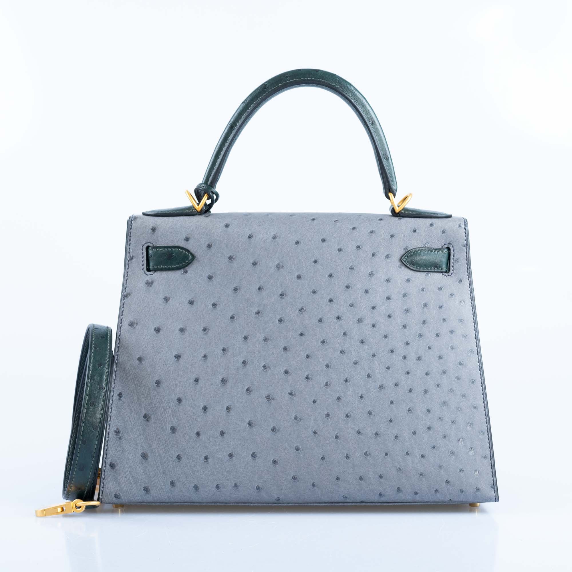 Hermès Kelly 28 Sellier HSS Special Order Gris Agate & Vert Titien Ostrich Brushed Gold Hardware