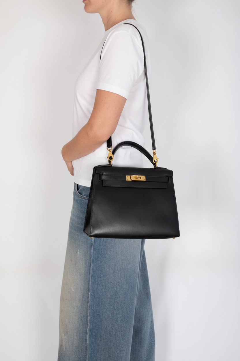 Hermès Kelly 28 Sellier Noir Box Calf Gold Hardware