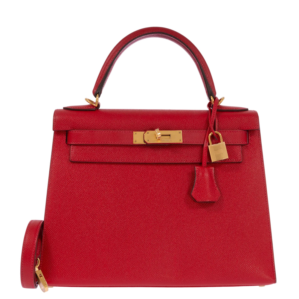 Hermès Kelly 28 Sellier Rouge Casaque Epsom Gold Hardware, front view, closed with lock, clochette and shoulder strap