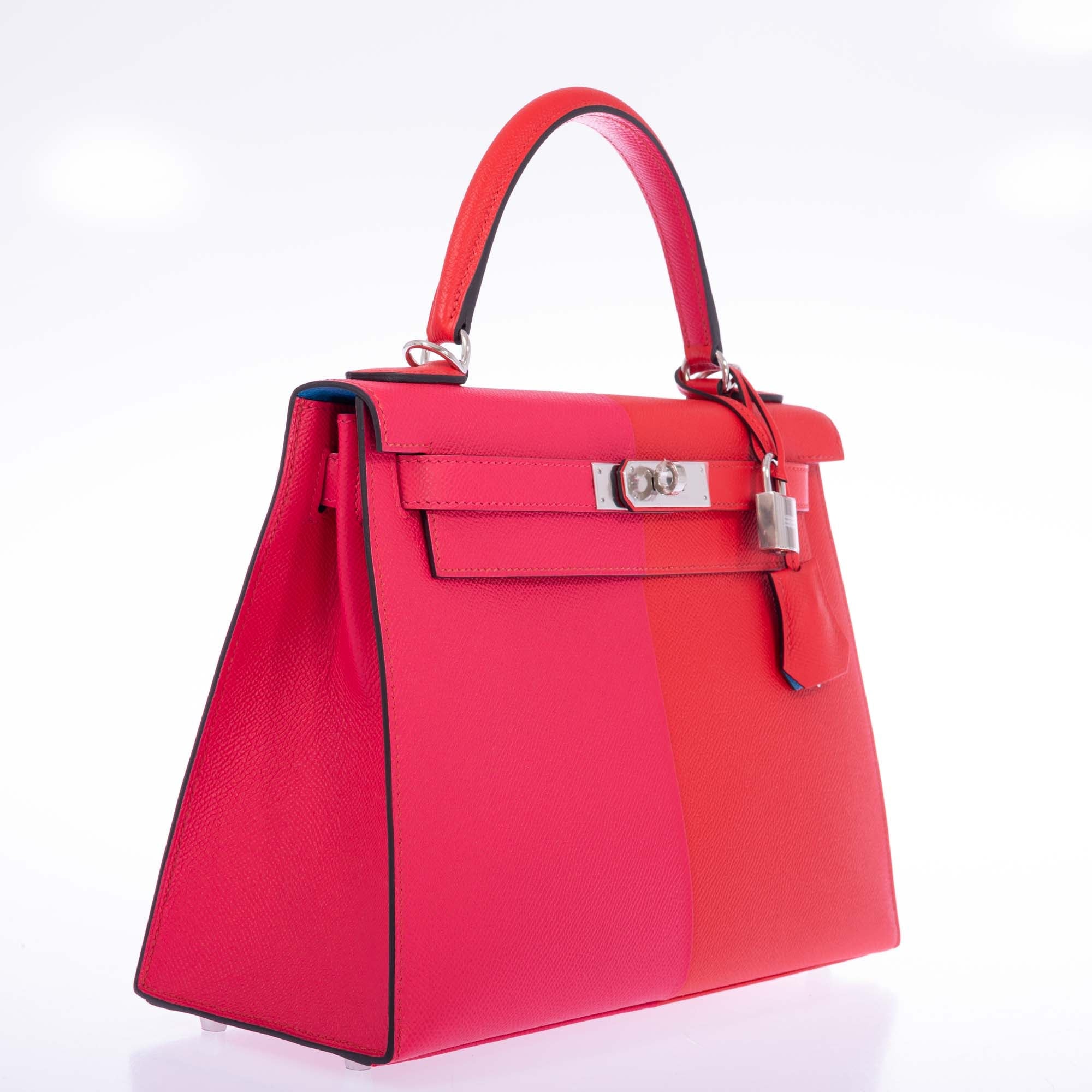 Hermès Kelly 28 Sellier Tri-Color Casaque, Rouge Coeur, Rose Extreme, Bleu Zanzibar Epsom Palladium