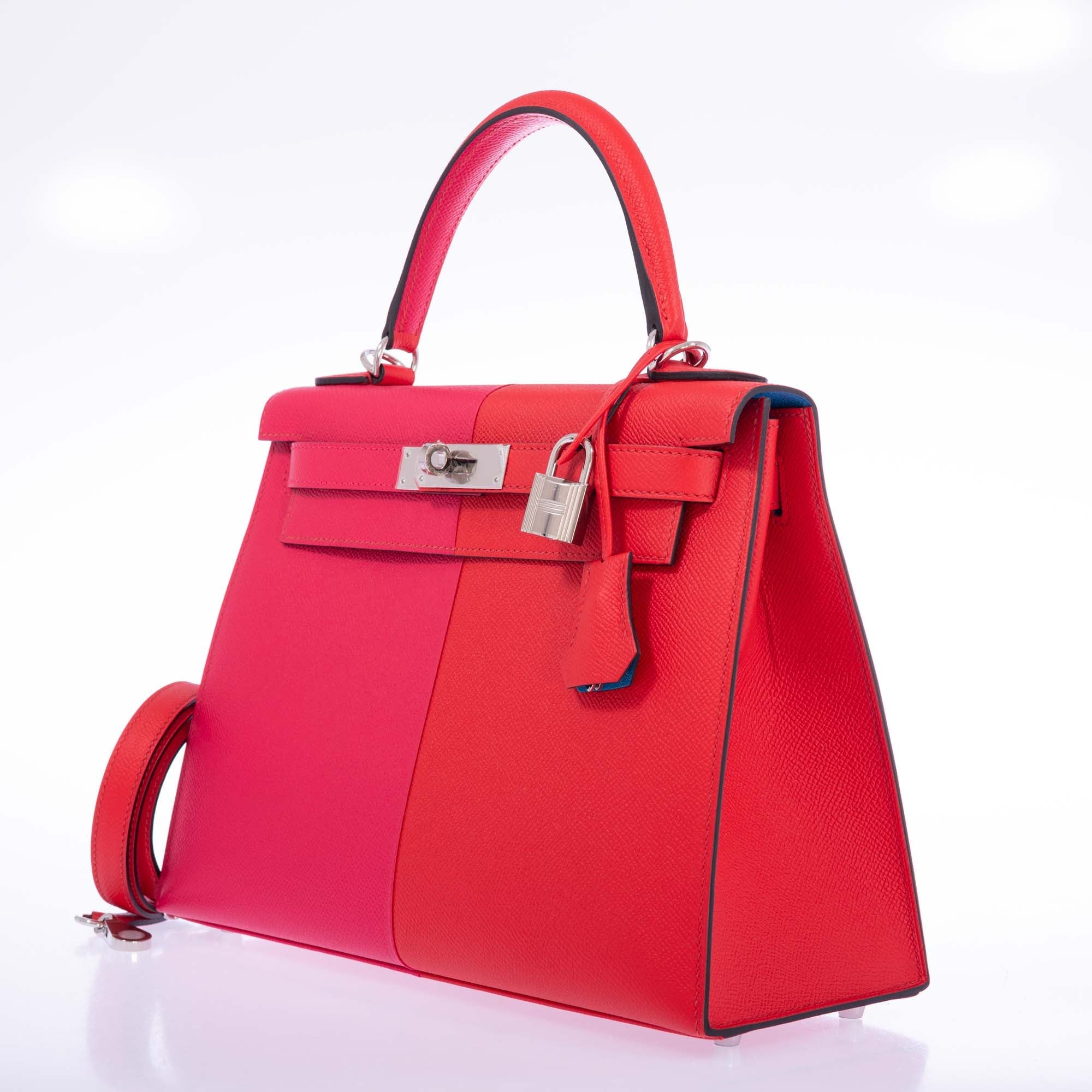 Hermès Kelly 28 Sellier Tri-Color Casaque, Rouge Coeur, Rose Extreme, Bleu Zanzibar Epsom Palladium