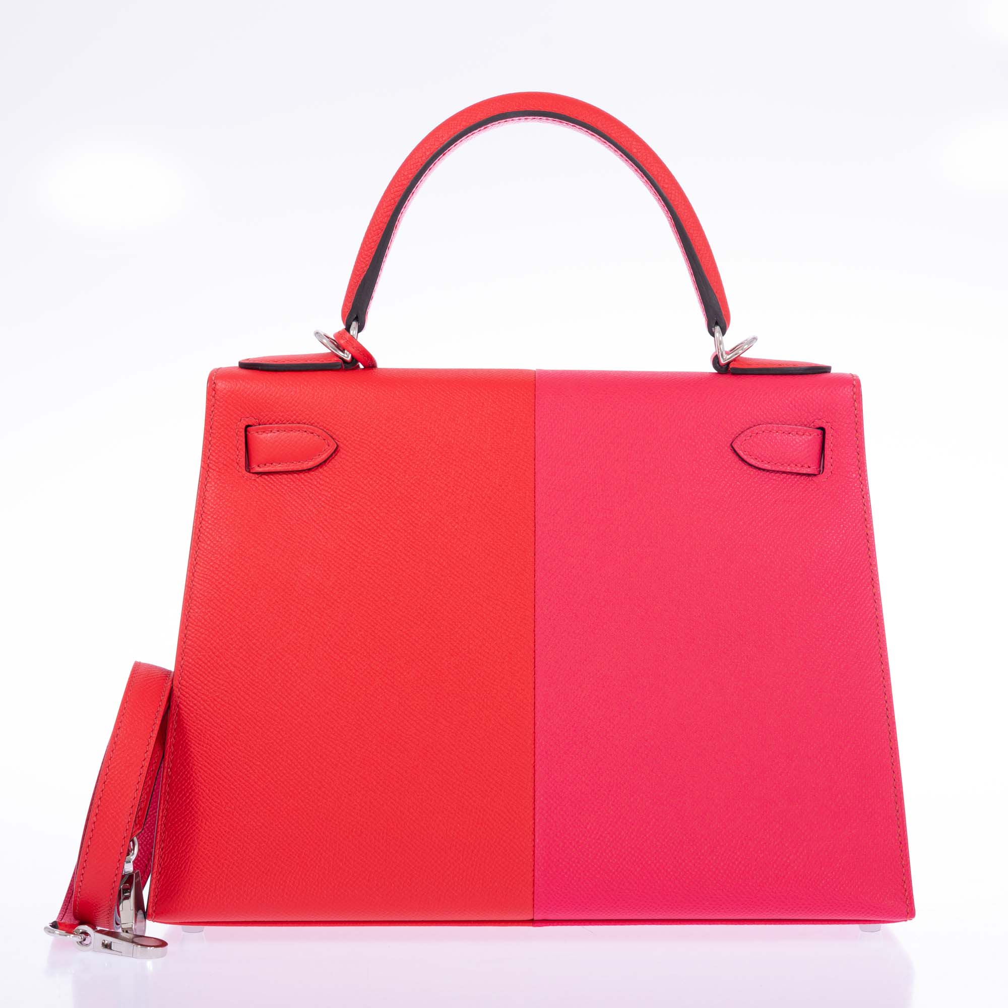 Hermès Kelly 28 Sellier Tri-Color Casaque, Rouge Coeur, Rose Extreme, Bleu Zanzibar Epsom Palladium