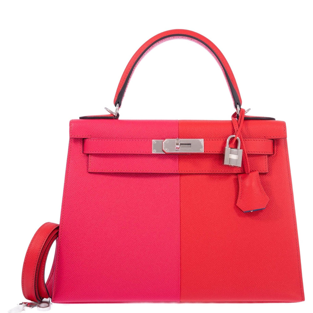 Hermès Kelly 28 Sellier Tri-Color Casaque, Rouge Coeur, Rose Extreme, Bleu Zanzibar Epsom Palladium