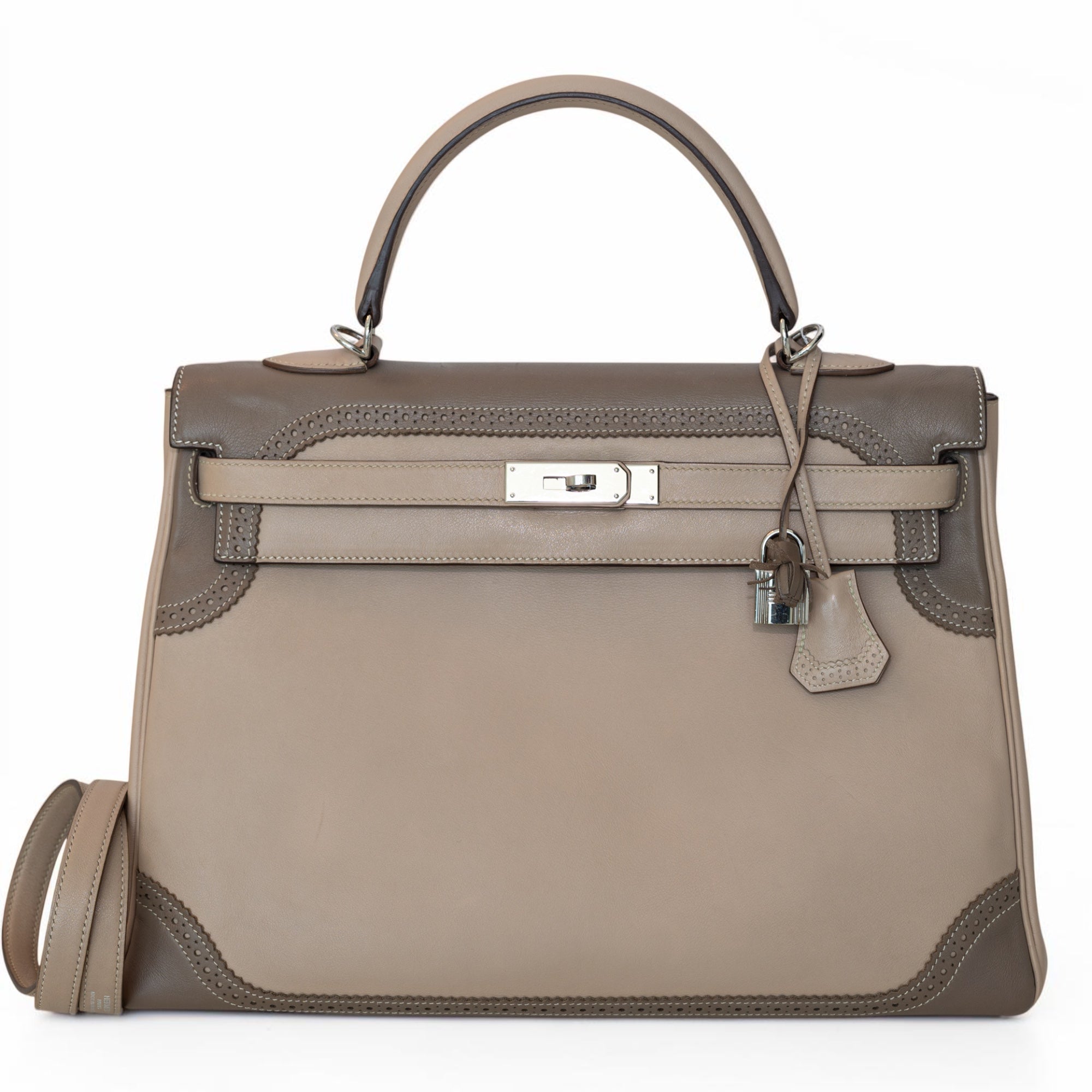 Hermès Kelly 32 Ghillies Retourne Étoupe and Argile Swift Palladium Hardware