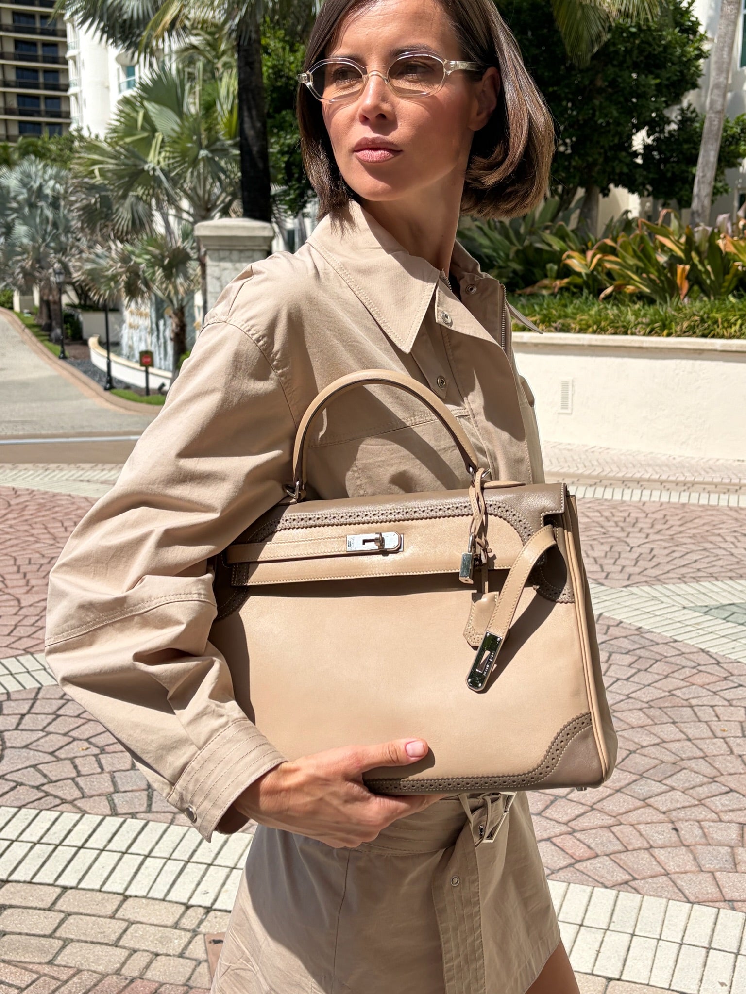 Hermès Kelly 32 Ghillies Retourne Étoupe and Argile Swift Palladium Hardware