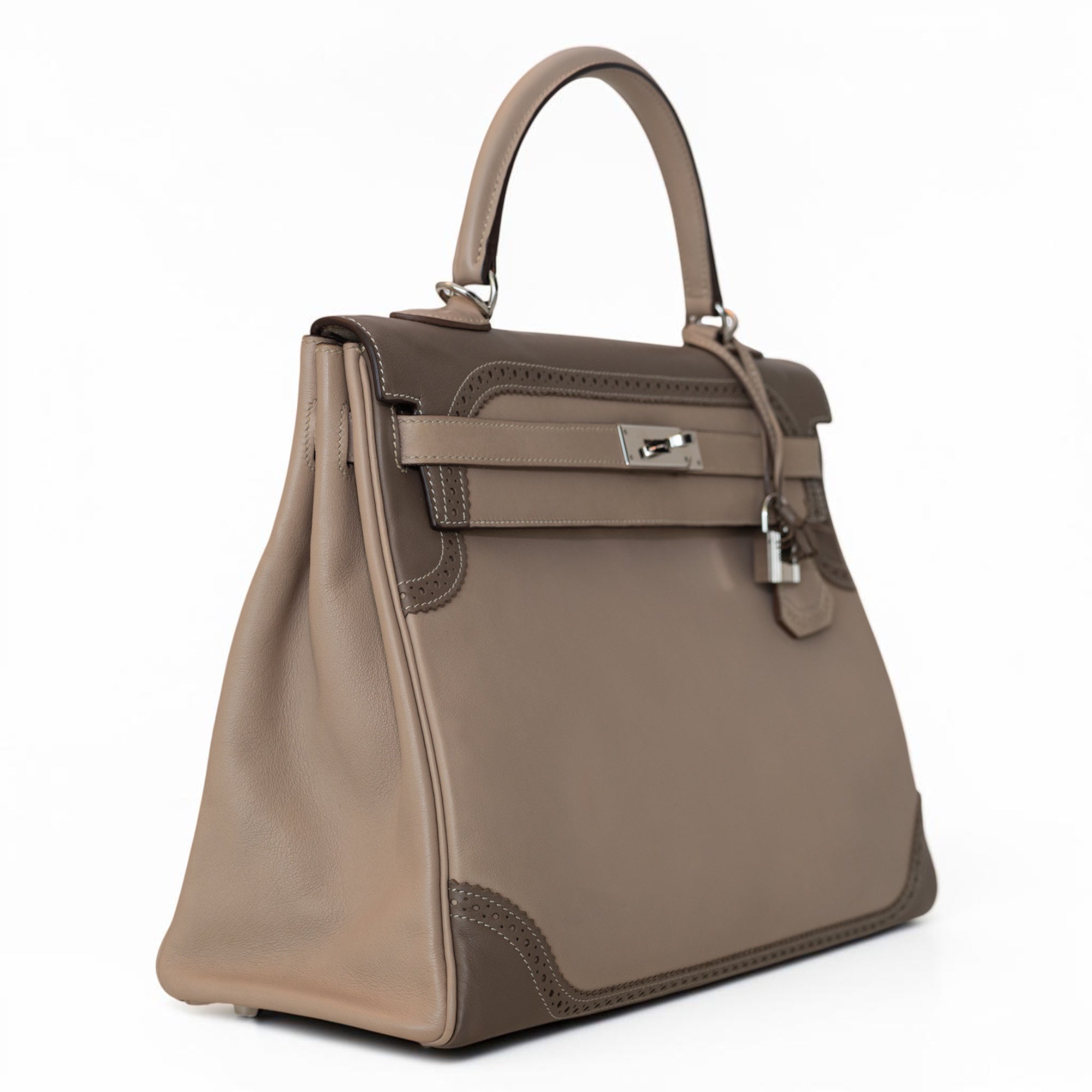 Hermès Kelly 32 Ghillies Retourne Étoupe and Argile Swift Palladium Hardware