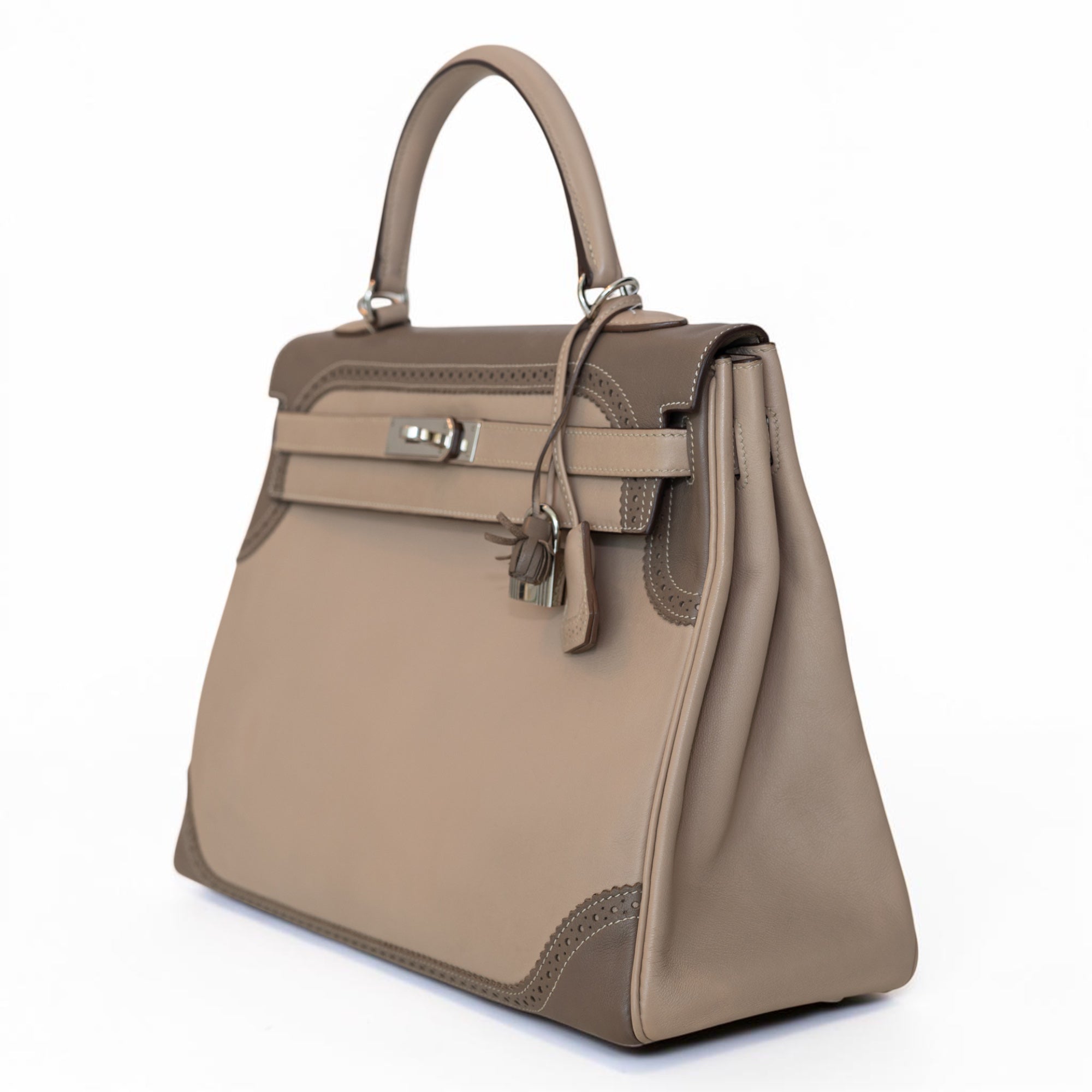 Hermès Kelly 32 Ghillies Retourne Étoupe and Argile Swift Palladium Hardware