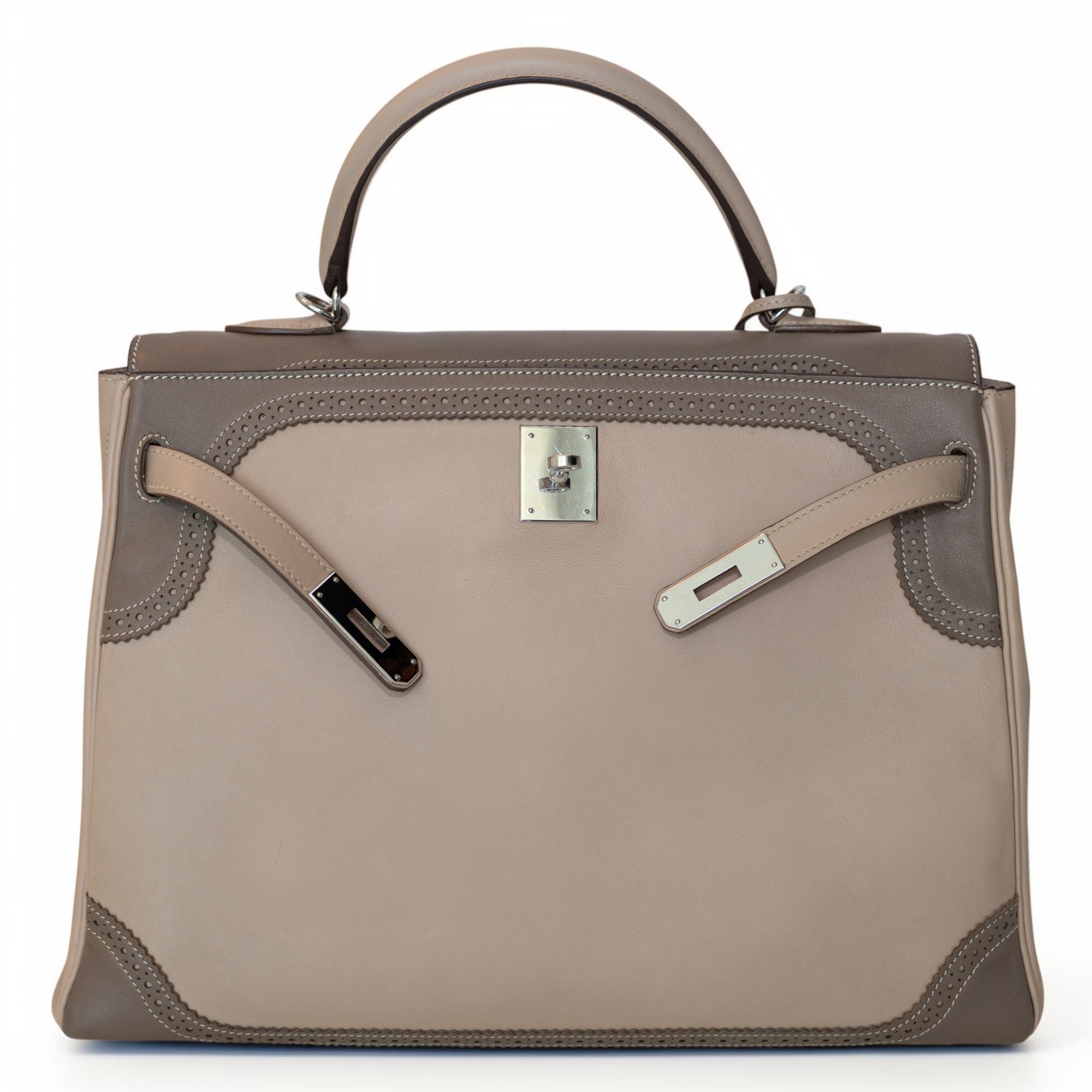 Hermès Kelly 32 Ghillies Retourne Étoupe and Argile Swift Palladium Hardware