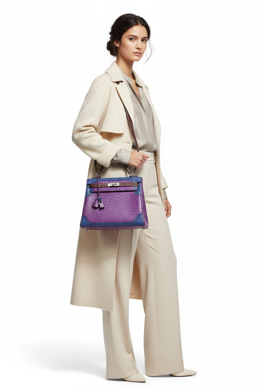 Hermès Kelly 32 Ghillies Tri-Color Ostrich Violine, Bleu de Malte & Marron Palladium Hardware