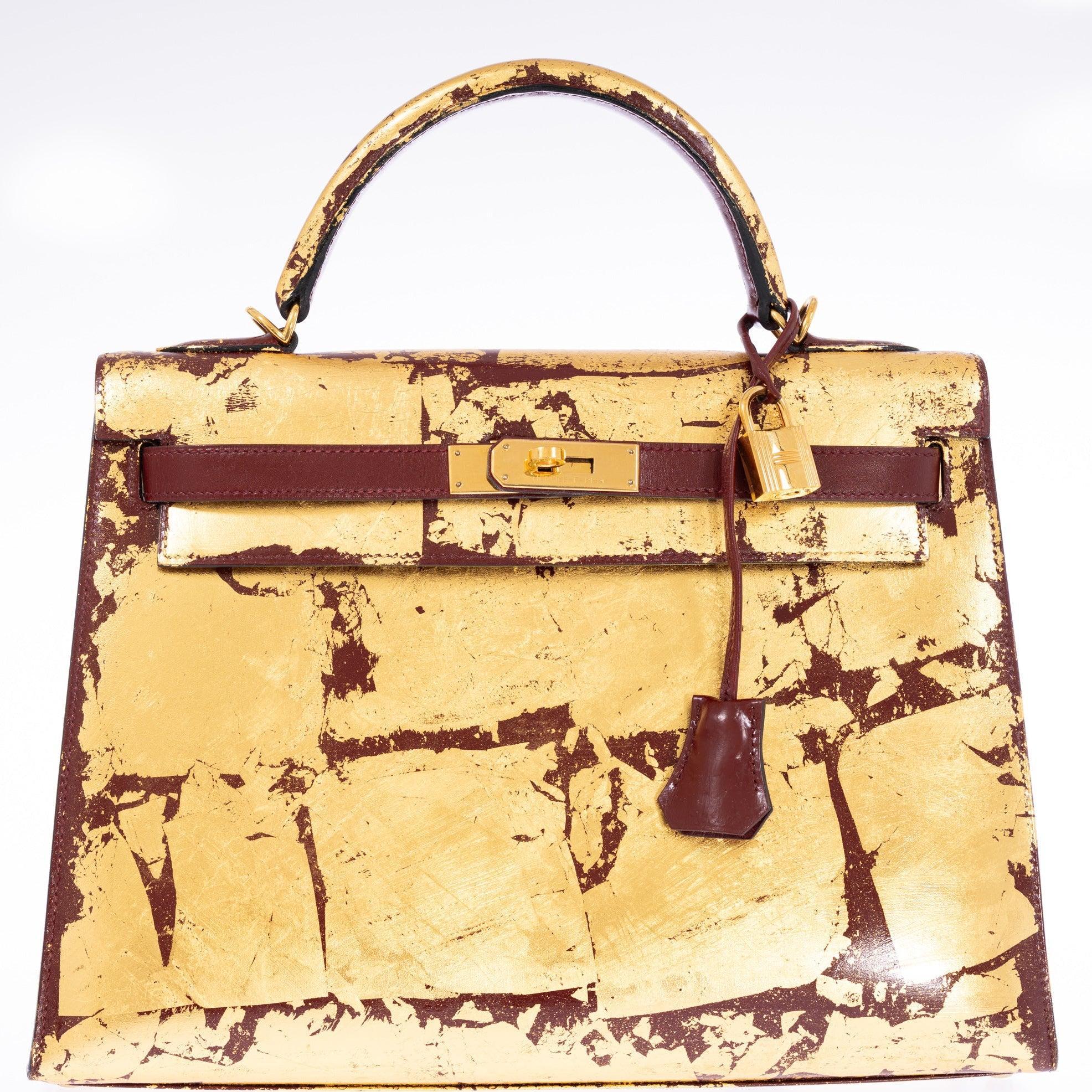 Hermès Kelly 32 Retourne "Kelly Dorée" Gold Leaf & Rouge H Box Leather Gold Hardware