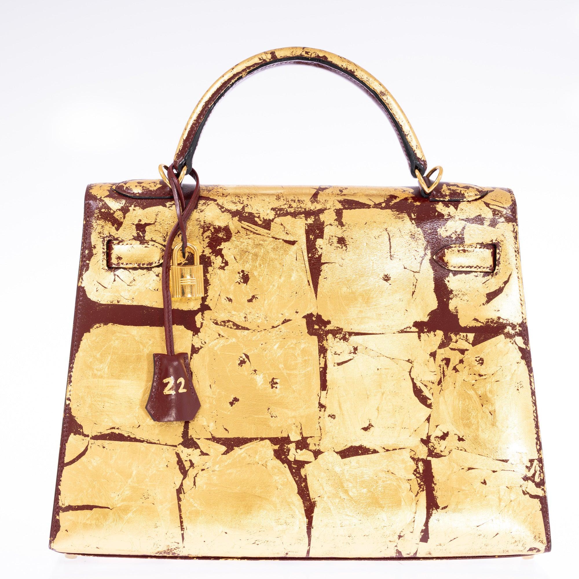 Hermès Kelly 32 Retourne "Kelly Dorée" Gold Leaf & Rouge H Box Leather Gold Hardware