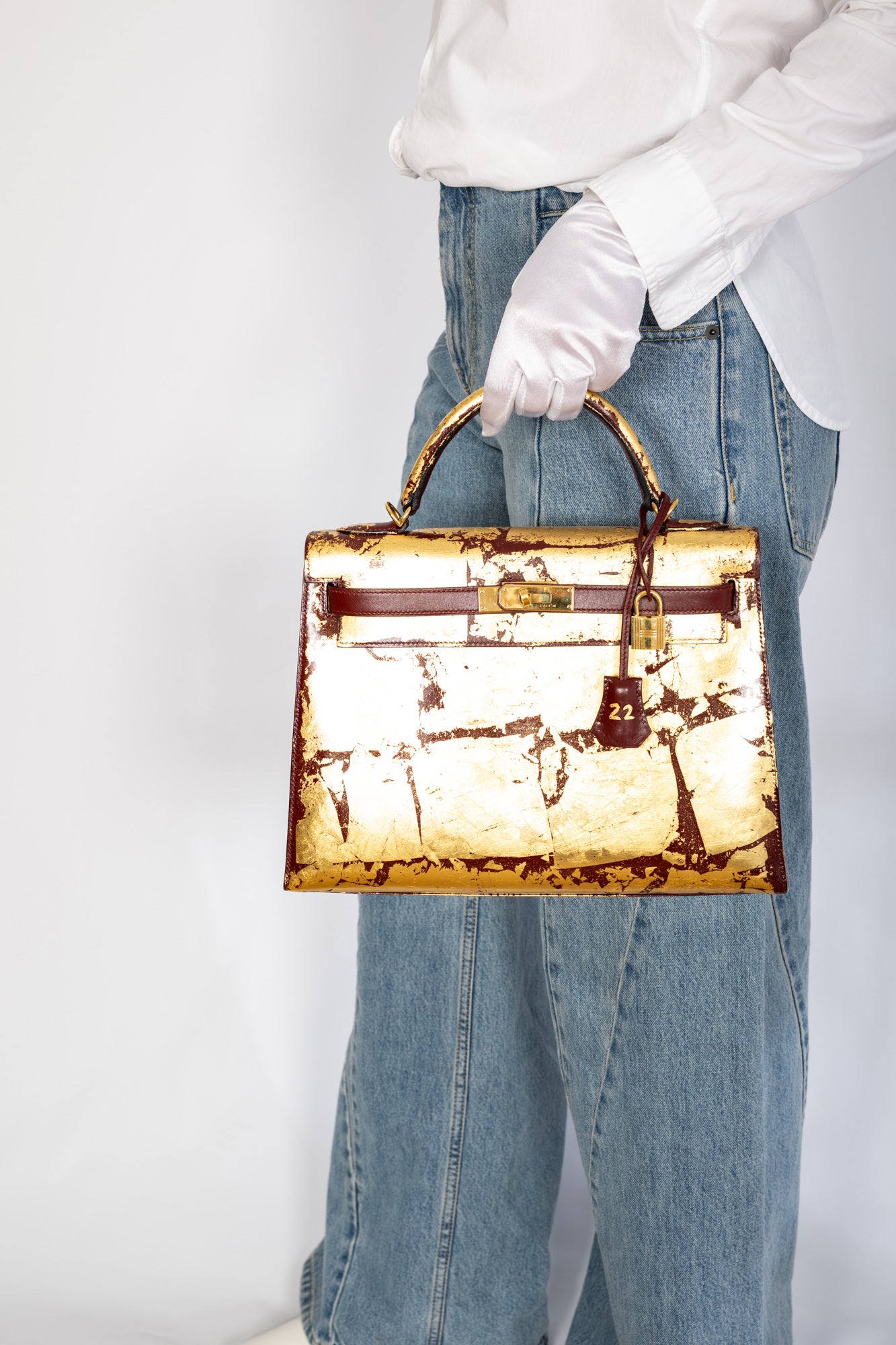 Hermès Kelly 32 Retourne "Kelly Dorée" Gold Leaf & Rouge H Box Leather Gold Hardware