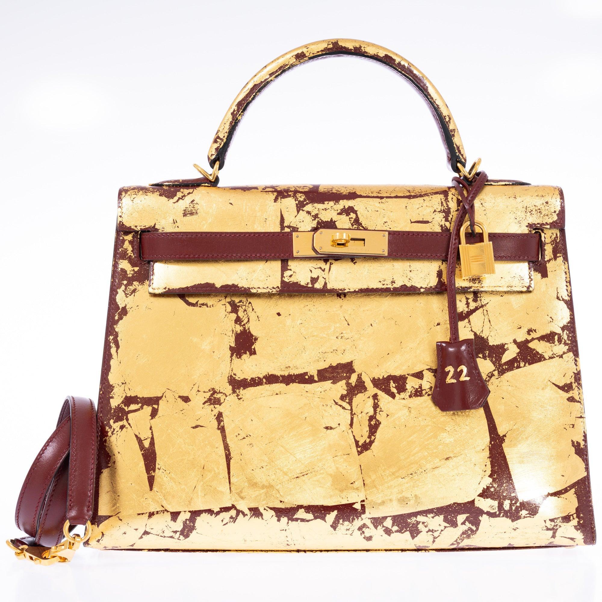 Hermès Kelly 32 Retourne "Kelly Dorée" Gold Leaf & Rouge H Box Leather Gold Hardware