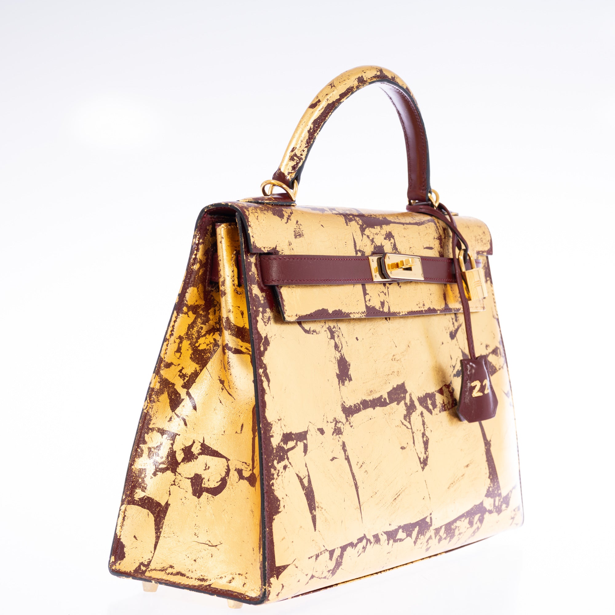 Hermès Kelly 32 Retourne "Kelly Dorée" Gold Leaf & Rouge H Box Leather Gold Hardware