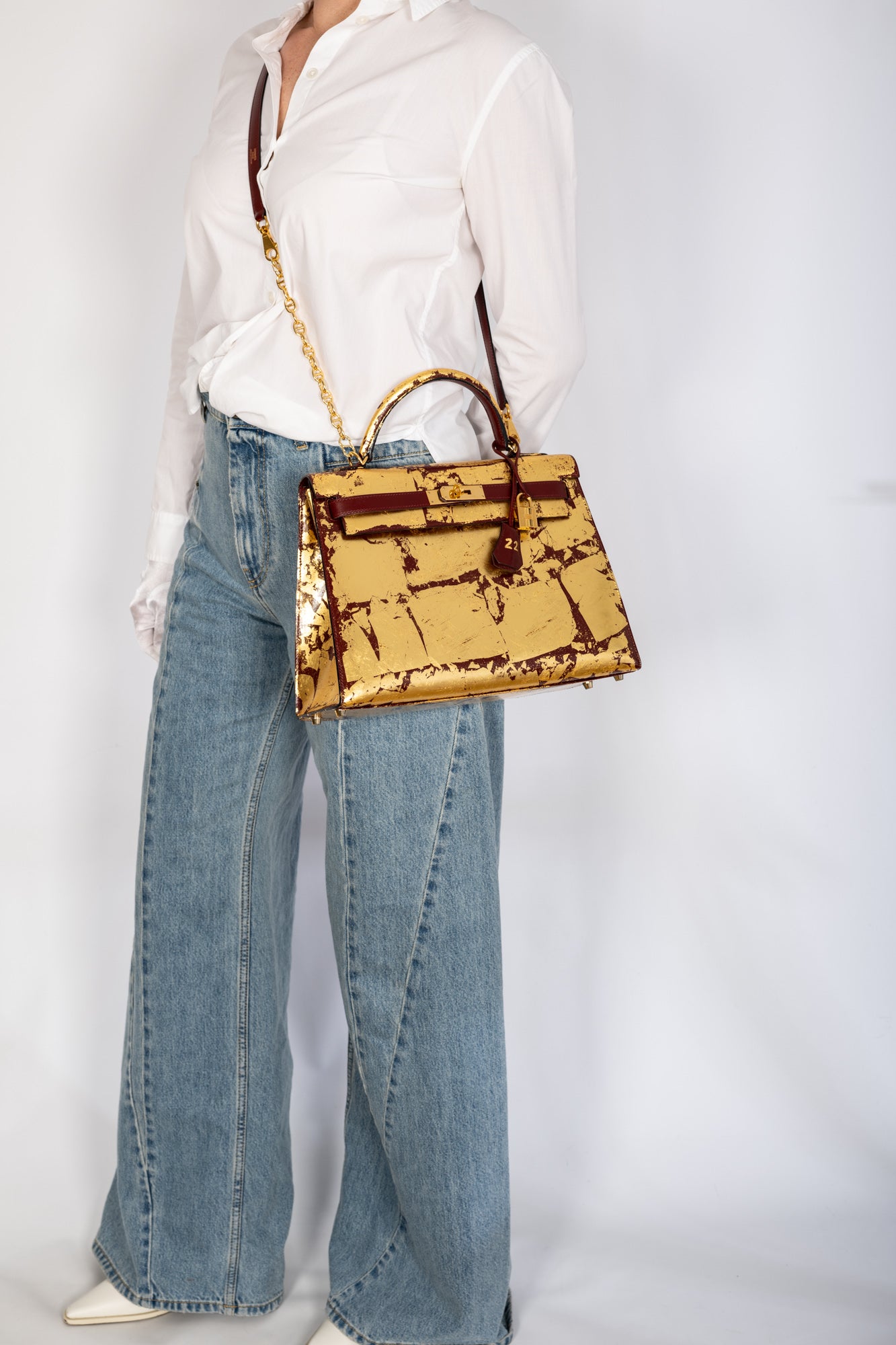 Hermès Kelly 32 Retourne "Kelly Dorée" Gold Leaf & Rouge H Box Leather Gold Hardware