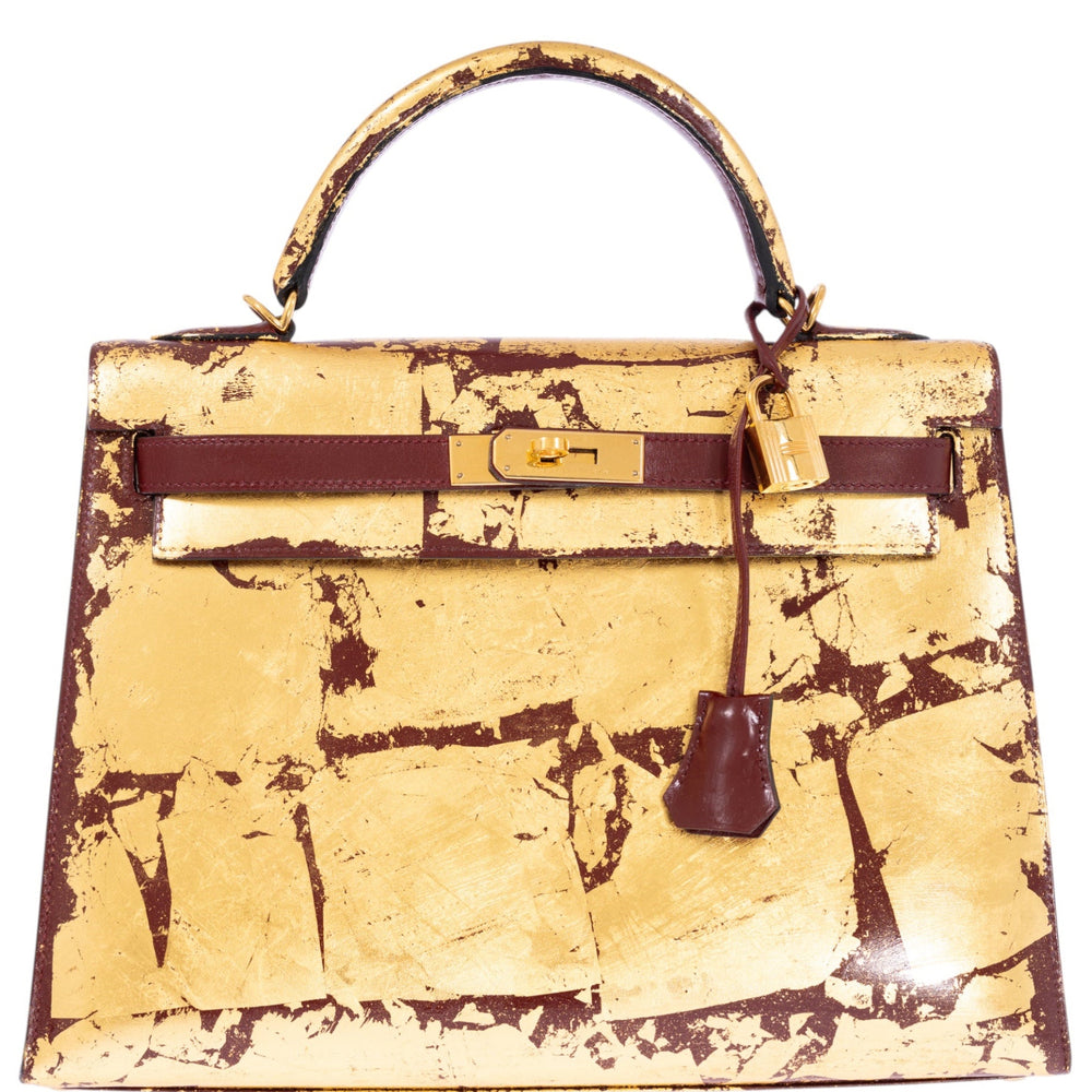 Hermès Kelly 32 Retourne "Kelly Dorée" Gold Leaf & Rouge H Box Leather Gold Hardware