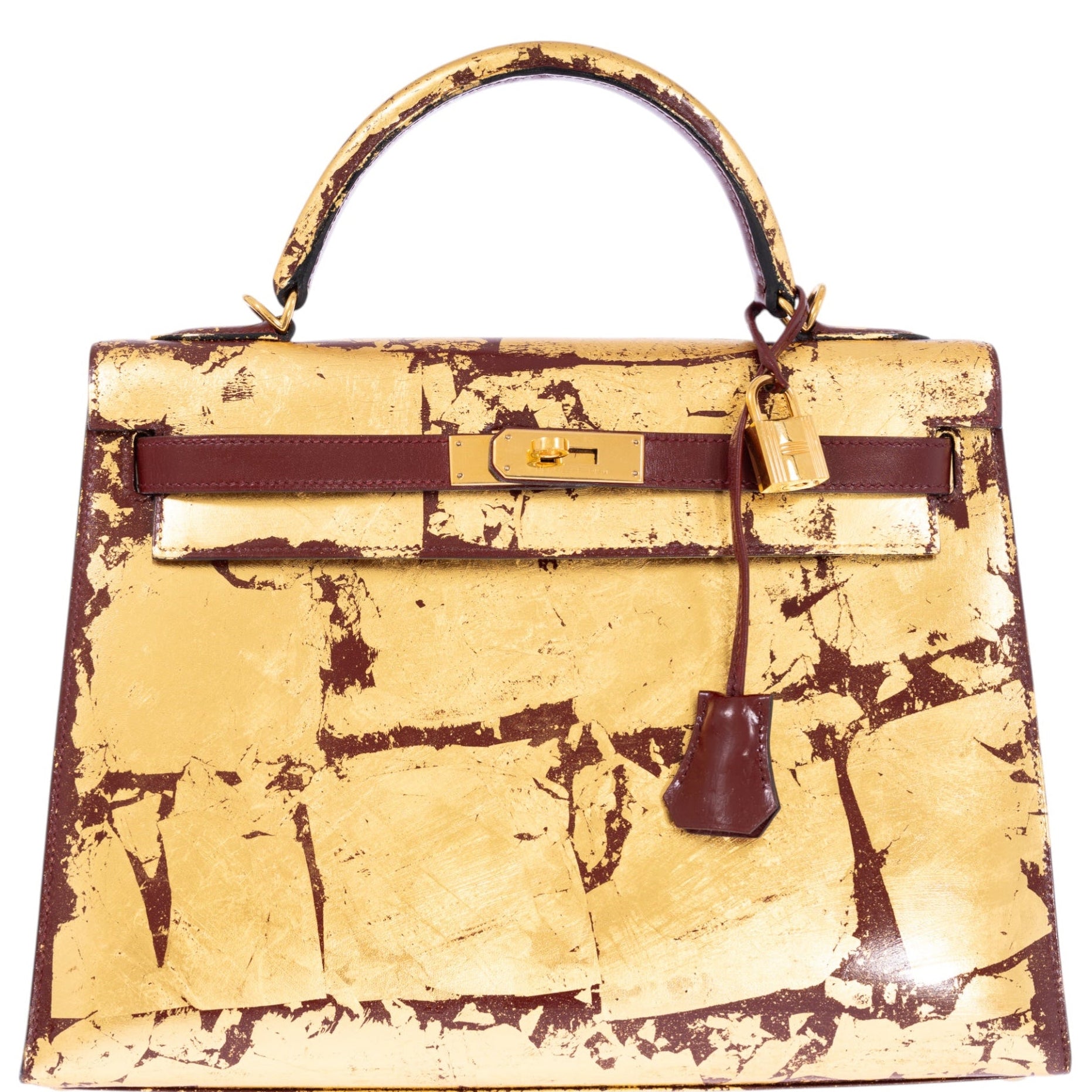 Hermès Kelly 32 Retourne "Kelly Dorée" Gold Leaf & Rouge H Box Leather Gold Hardware