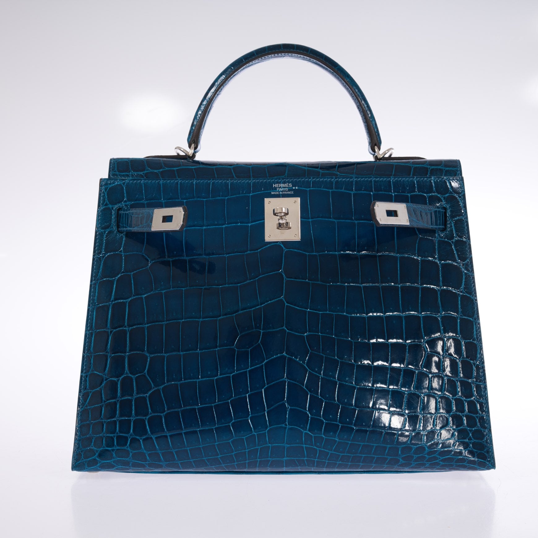 Hermès Kelly 32 Sellier Blue Colvert Shiny Niloticus Crocodile Palladium Hardware